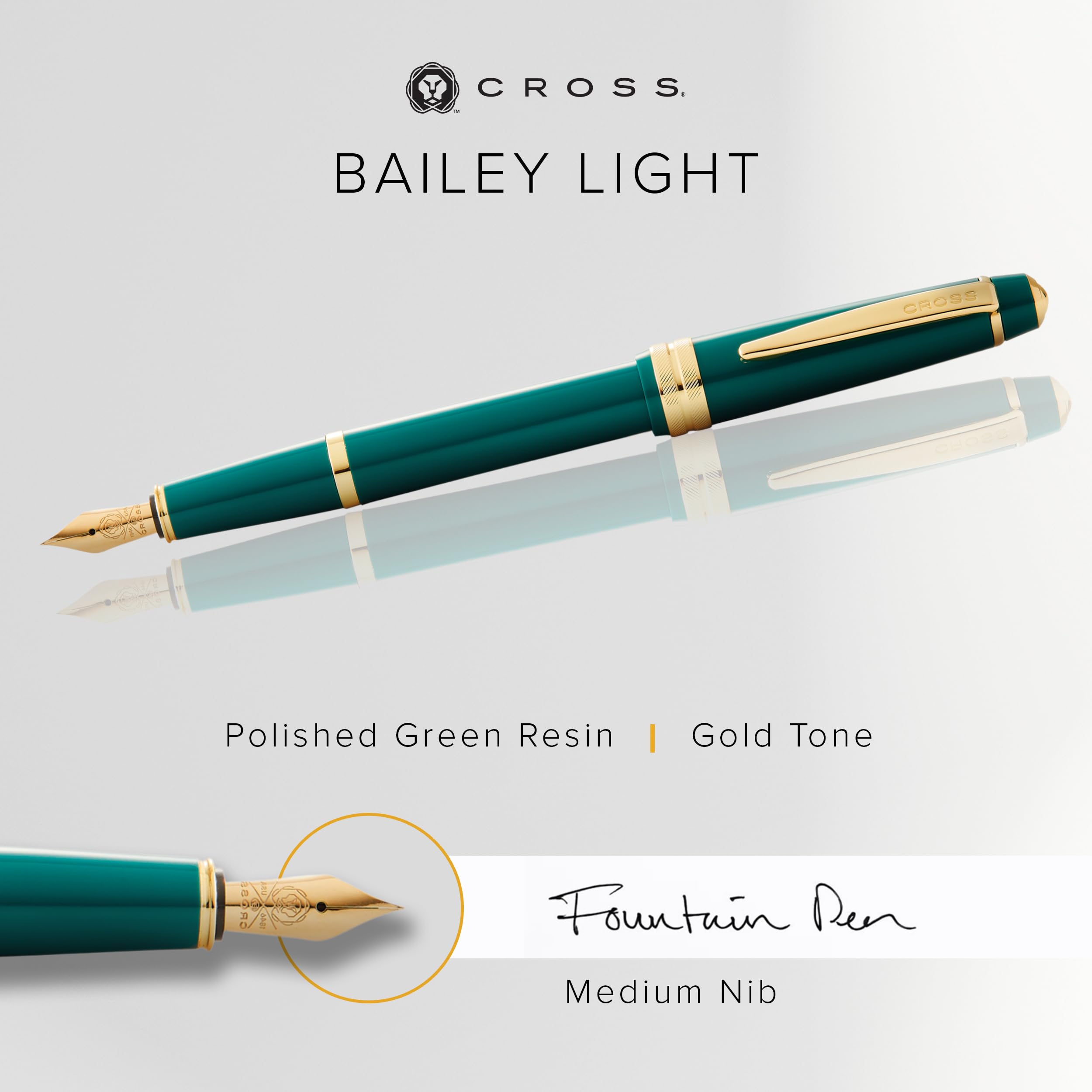 CROSS Bailey Light AT0746-12MF Refillable Resin Fountain Pen with Polished Gold Tone Appointments, Medium Gold Plated Nib - Image 2