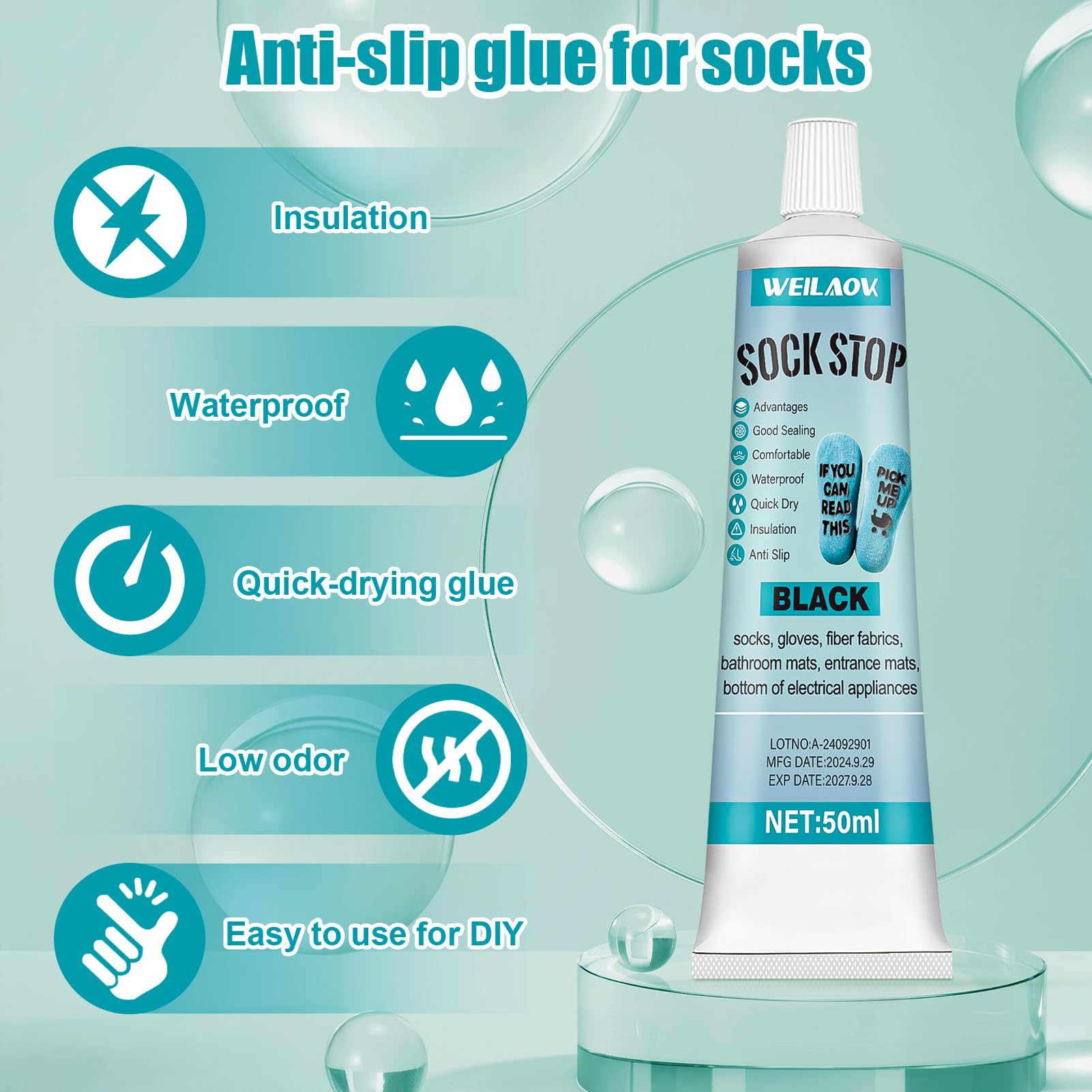 Sock Stop Liquid, antypoślizgowy zestaw skarpet, antypoślizgowe rozwiązanie skarpet, zmywalne, płynny klej antypoślizgowe skarpety, maty łazienkowe, czarne