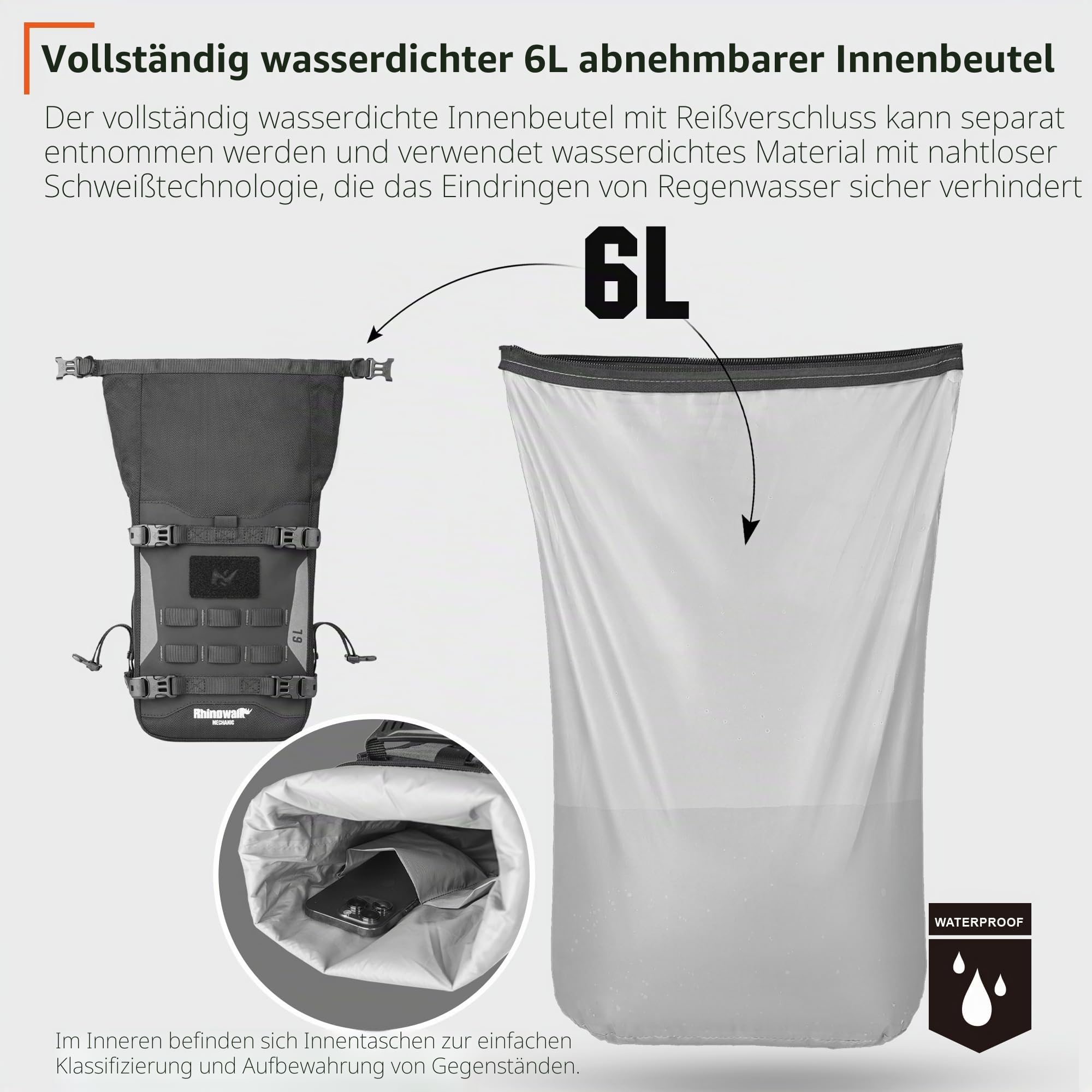 Rhinowalk Motorrad-Frontstoßstangentasche, Hecktasche, Motorradseitentasche, 6L, wasserdichte Motorradsatteltasche mit MOLLE-System, professionelles Motorzubehör, Schwarz