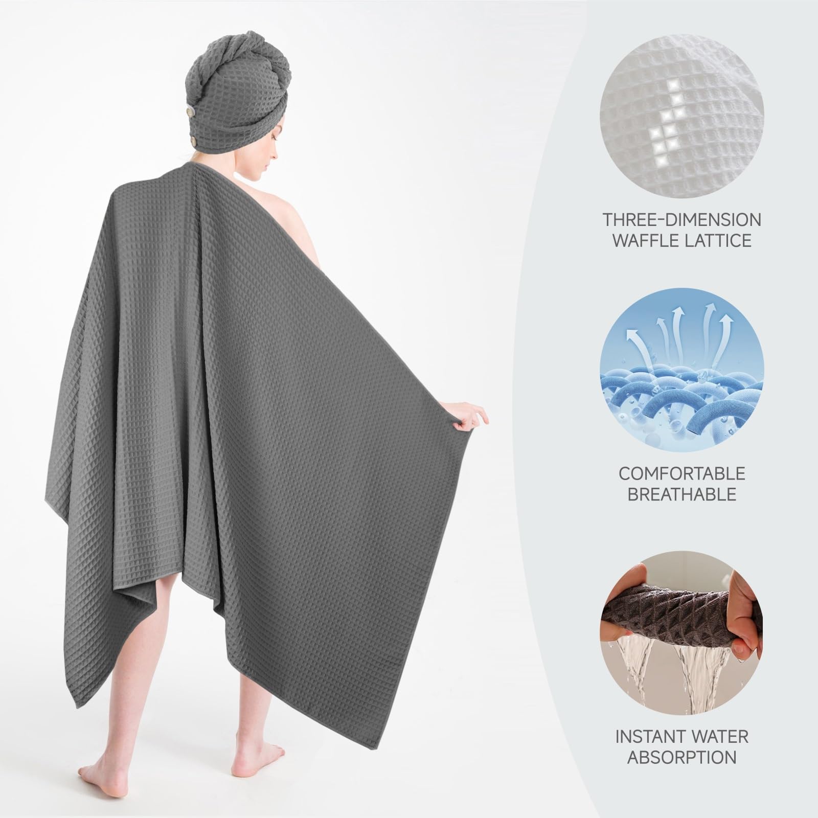 Lot de 4 serviettes de bain – 1 serviette de bain, 1 essuie-mains, 1 débarbouillette et 1 serviette à cheveux, serviette de bain surdimensionnée en microfibre non pelucheuse à séchage rapide – 177,8 x