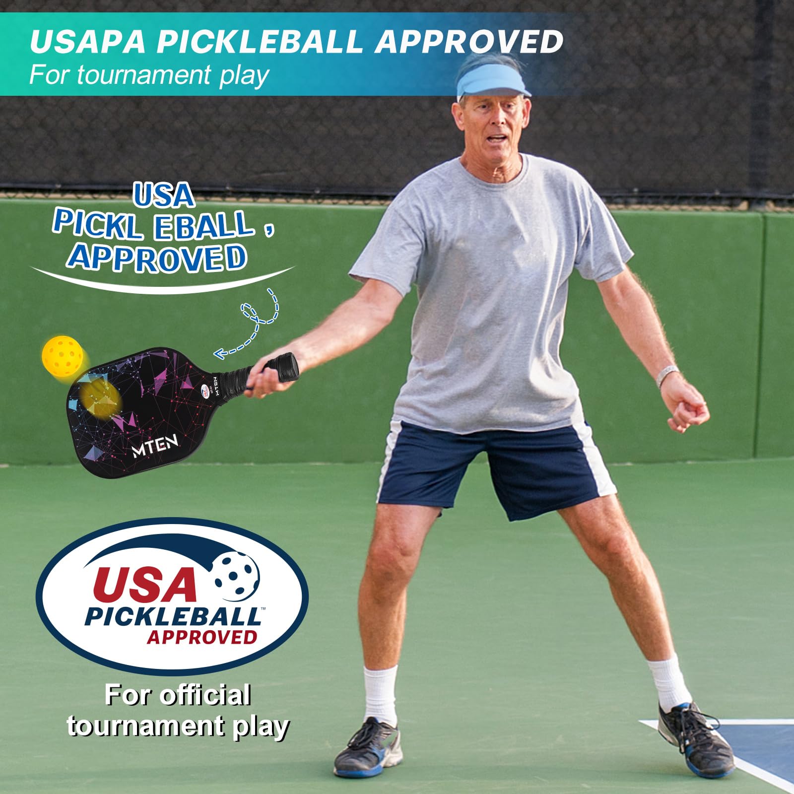 MTEN Pickleball Paddles, USAPA Approved Pickleball Paddles Set of 2, Fiberglass Surface Pickleball Set, 2Pickleball Rackets, 4 Pickleball Balls, 2Grip Tapes & Carry Bag for Men Women