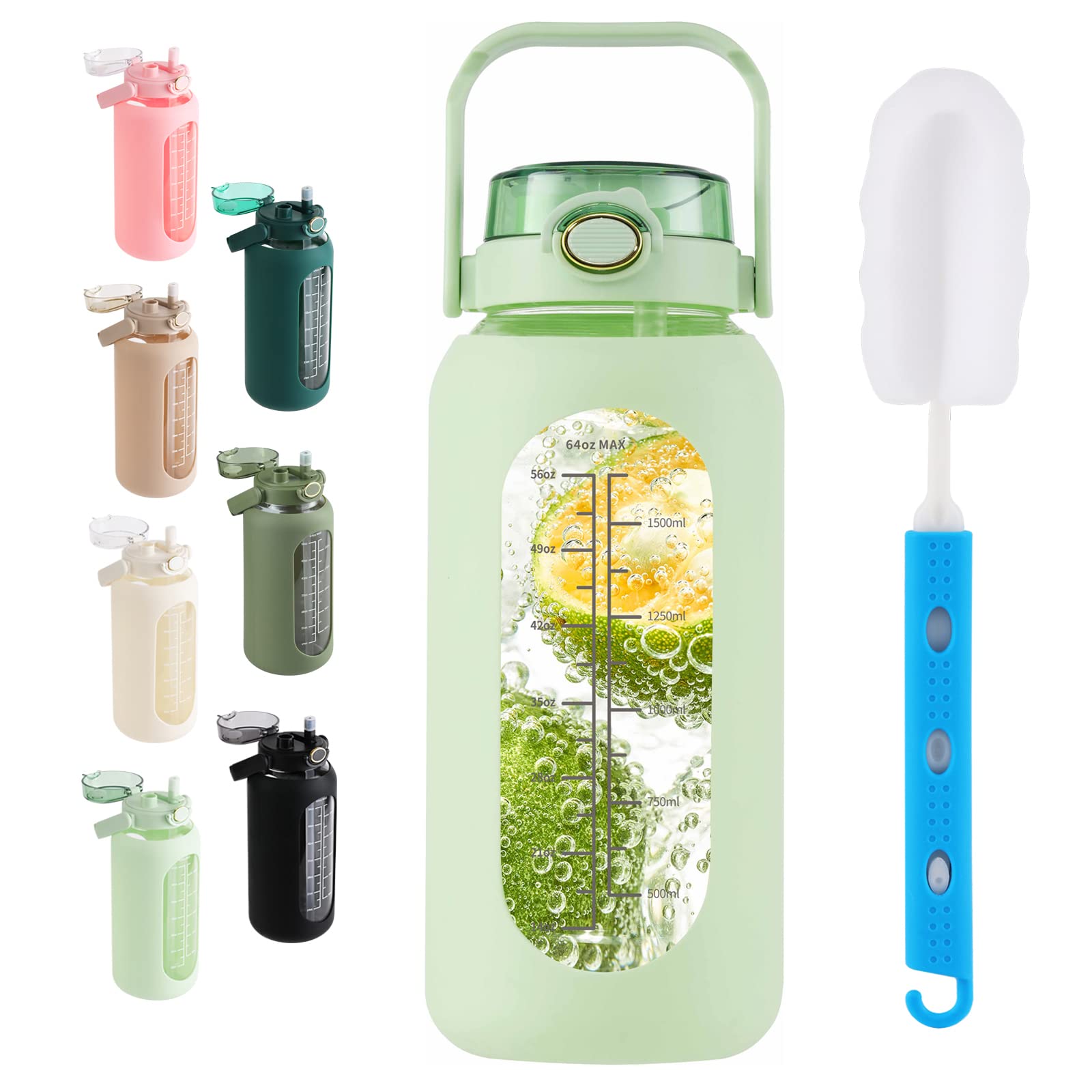 Botella de agua de vidrio de 64 onzas con popote y tapa de asa, botella de vidrio motivacional de medio galón con funda de silicona y marcador de tiempo, jarra de agua deportiva grande