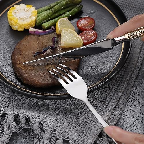 Miniatura 2 de Juego de cubiertos martillados dorados para 16 cubiertos de acero inoxidable 1810 de alta calidad 64 piezas incluye cuchillos tenedores y cucharas