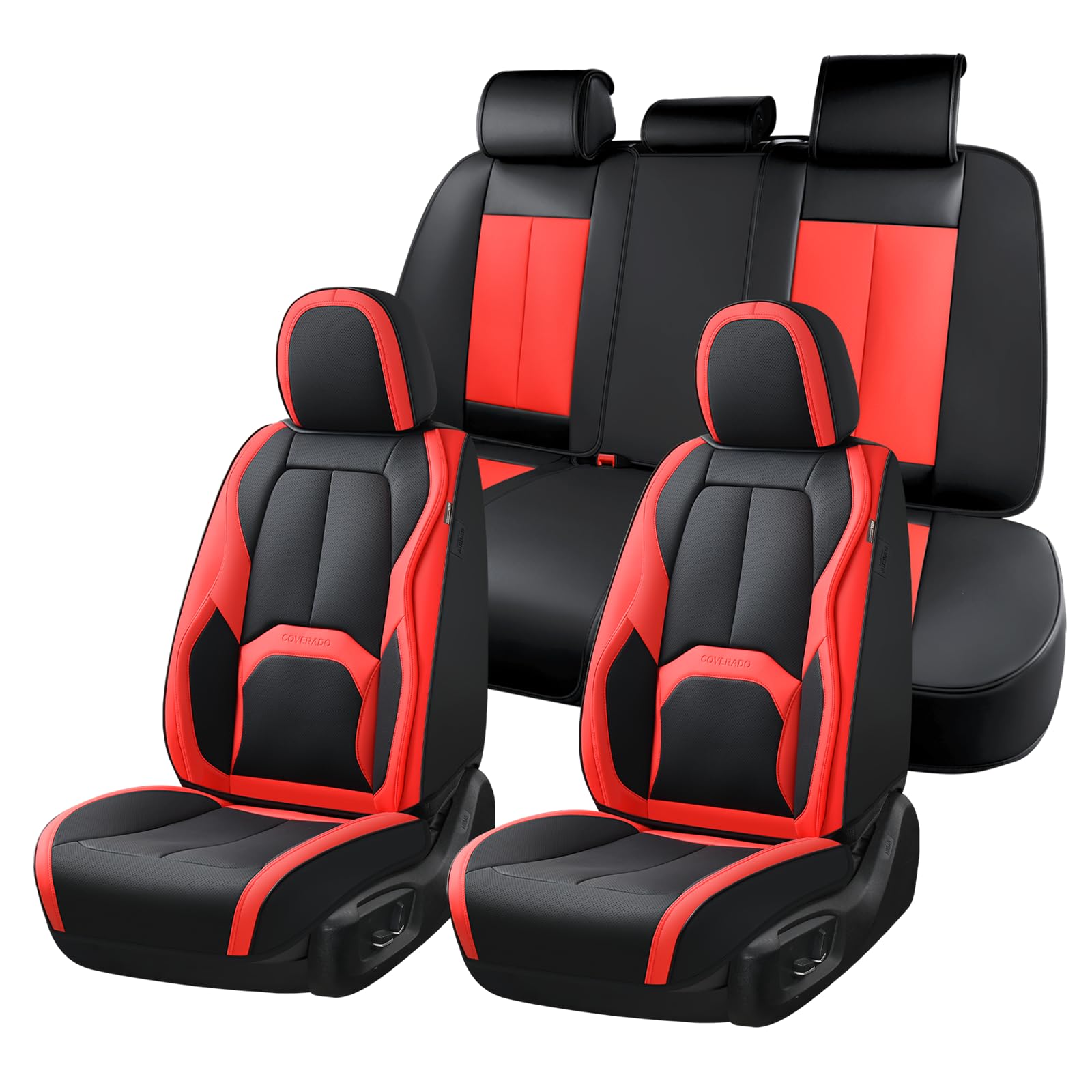 Coverado Leather Seat Covers Full Set, Black and Red Leather Car Seat Cover, Waterproof Car Seat Protector with Lumbar Support, Automotive Seat Covers Universal Fit for Most Cars SUV Truck