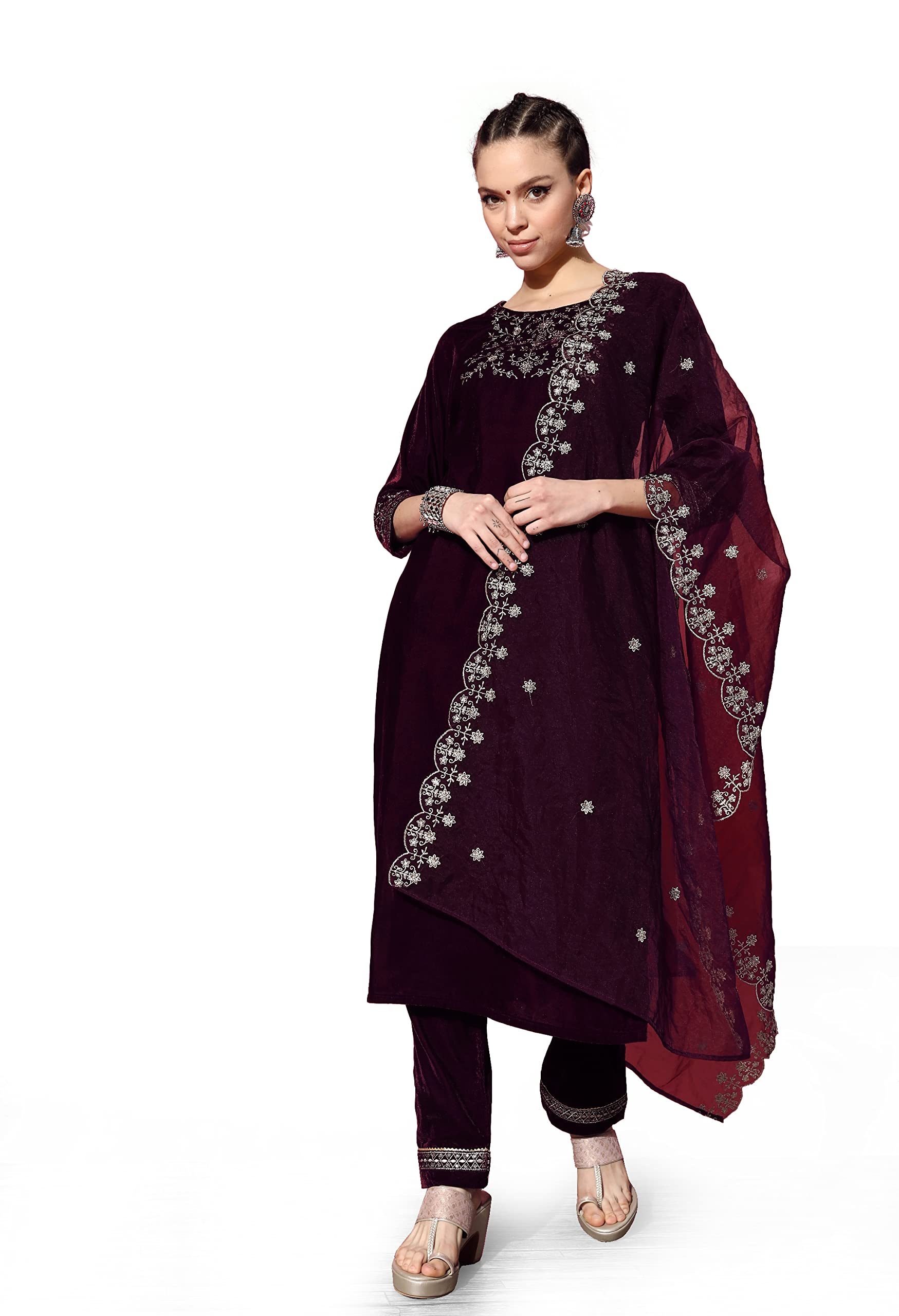 LYMI LABEL Kurta Suit Set For Women - Velvet Zari Sequence Embroidered Straight Kurta Pant Set with Organza Dupatta, Salwar Suit Set with Worked Dupatta for Women