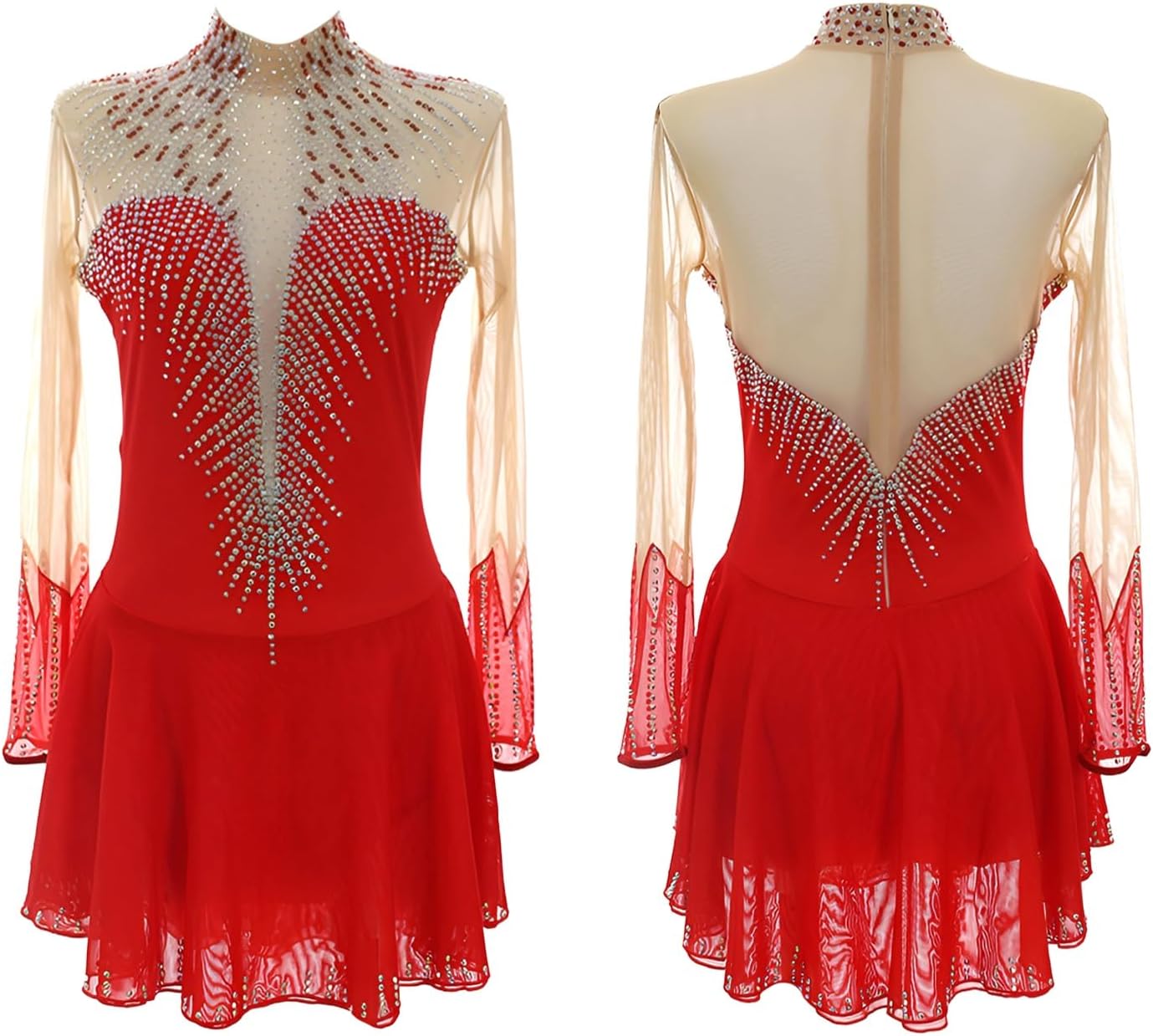 Ice Skating Dress Long Sleeve Customizable Rhinestones Solo Ice Dance Competition Dress Breathable Twirling Uniforms