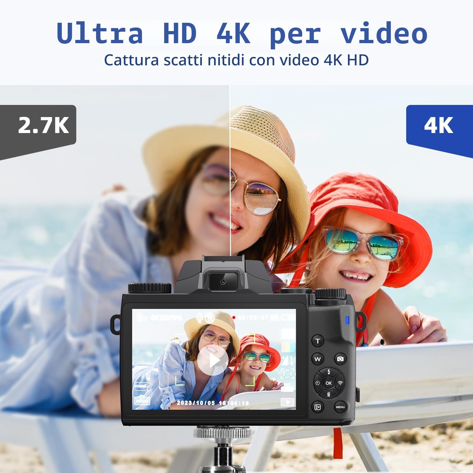 Fotocamera digitale 4K, CCN 64MP Fotocamera con schermo touchscreen da 3,0", fotocamera compatta con zoom digitale 16X e funzione WiFi, con cappuccio per borsa fotografica, scheda TF da 32 GB, nero