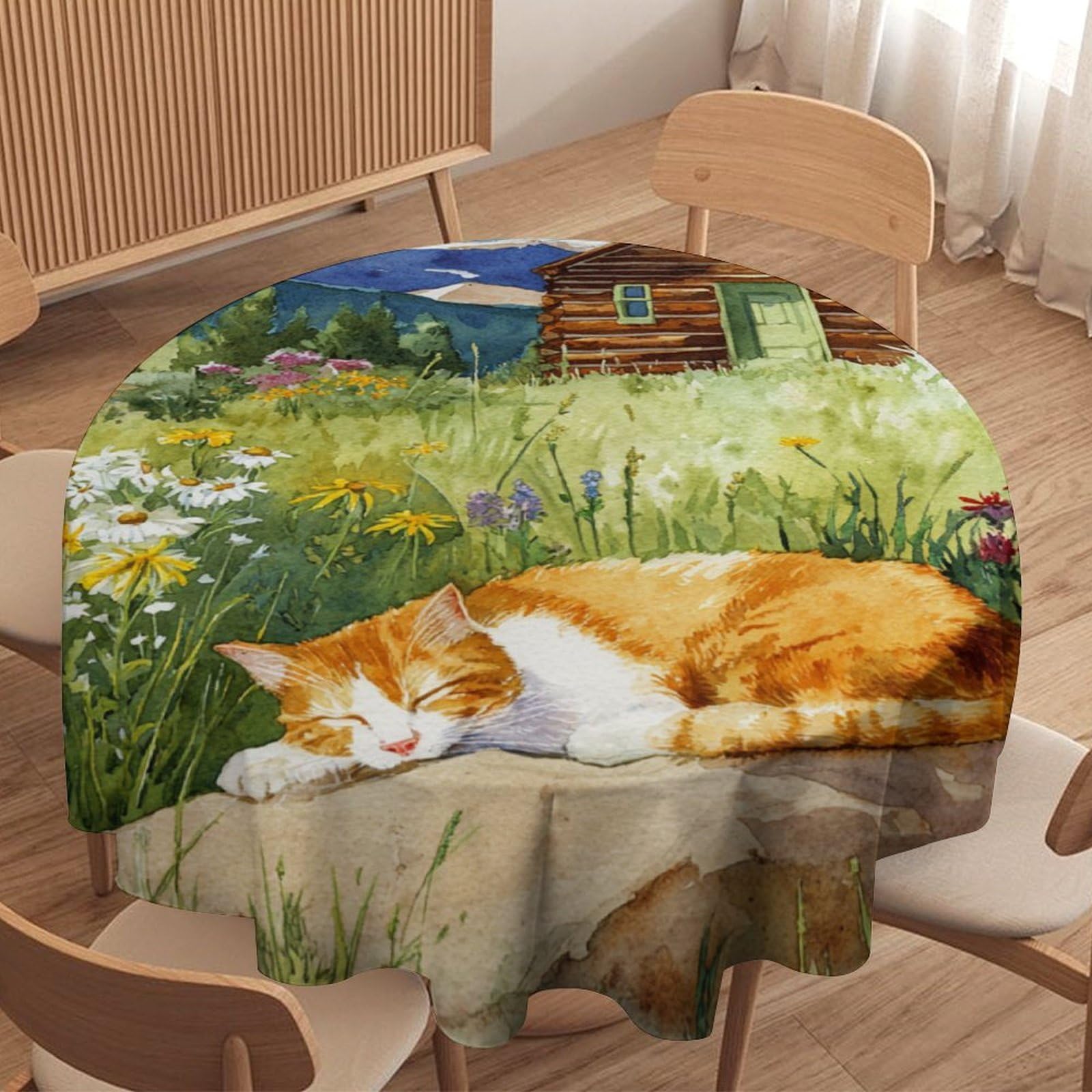 LUYYSKY Beautiful Rustic Cute Cat Round Tablecloth Classic Funny Spring Log Cabin Plants Flowers Animals Kitten Washable Decor for Table Cover for Kitchen-91.4" Wx91.4 L cm
