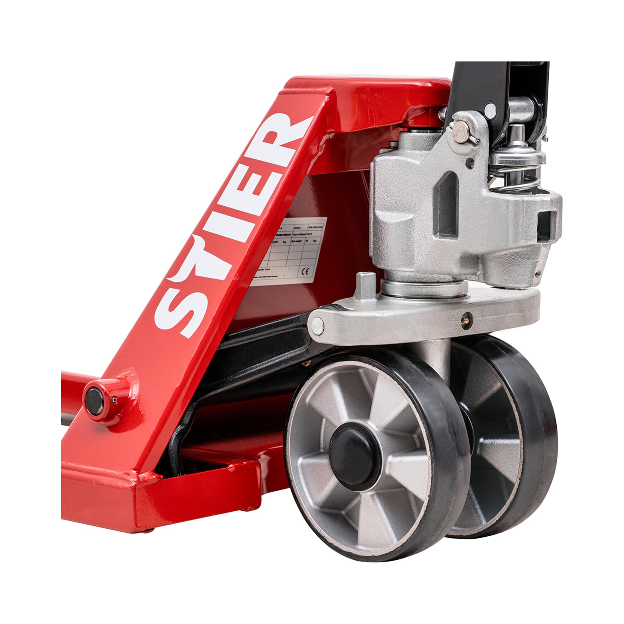 STIER Hubwagen, Gabelhubwagen mit Tragkraft 2500 kg, Gabellänge 1150 mm, Gummi-Rollen, Rot, Palettenhubwagen, Handhubwagen, Lenkeinschlag von 210°, wartungsfreie Handhydraulik