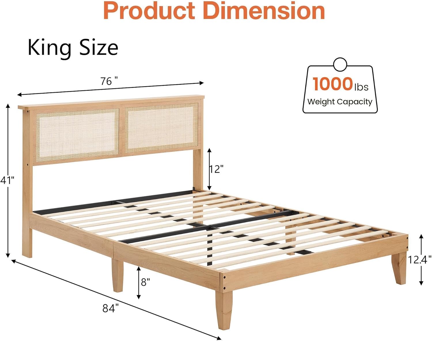 coucheta King Size Rattan Bed Frame,Bohemian Rattan King Bed Frame with Natural Headboard, LED Lights,Solid Wood Foundation with Silent Slats,No Box Spring Needed (King)