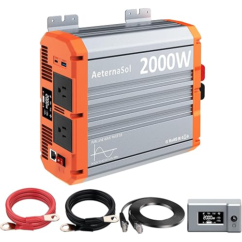 2000W Pure Sine Wave Inverter 12V DC to AC 110V/120V, RV Inverter with Remote, Solar Battery Inverter 12V Inverter for Power Outage Off-grid Shed, 2 AC Outlets,USB&Type-C 30W, 2 LCD Screens,Surge4000W