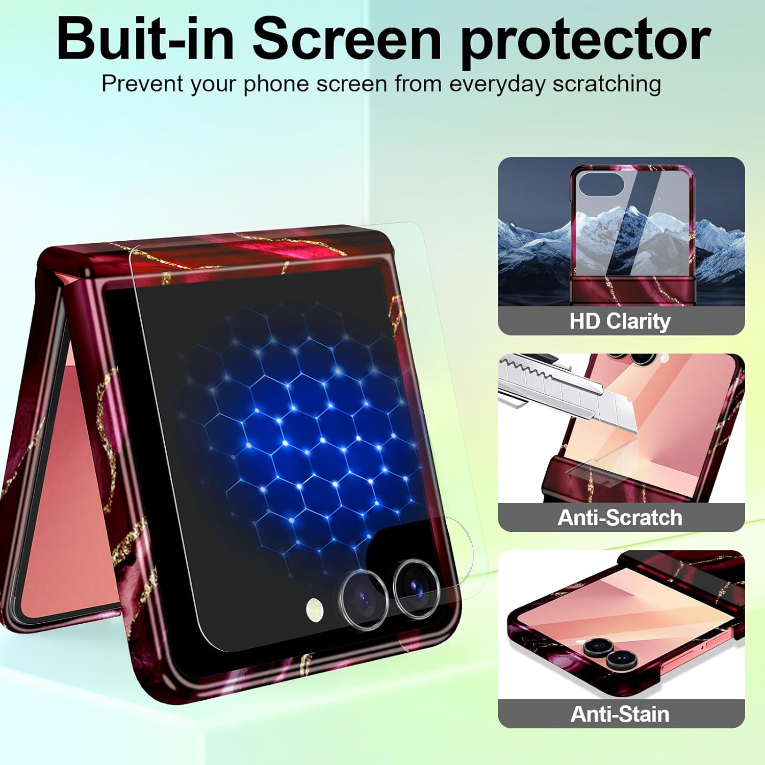 Btscase for Samsung Galaxy Z Flip 7 Case,Built in Front Screen Protector,Gold Glitter Marble Pattern Hard PC Slim Shockproof Full Body Drop Protective Case for Galaxy Z Flip 7 5G (2025), Coral Red