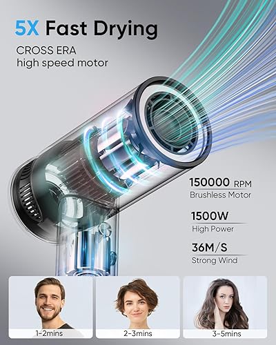 Miniatura 2 de Secador de pelo - Secador de pelo de alta velocidad de 150,000 RPM para secado rápido, 500 millones de iones negativos y termo-control y botón de