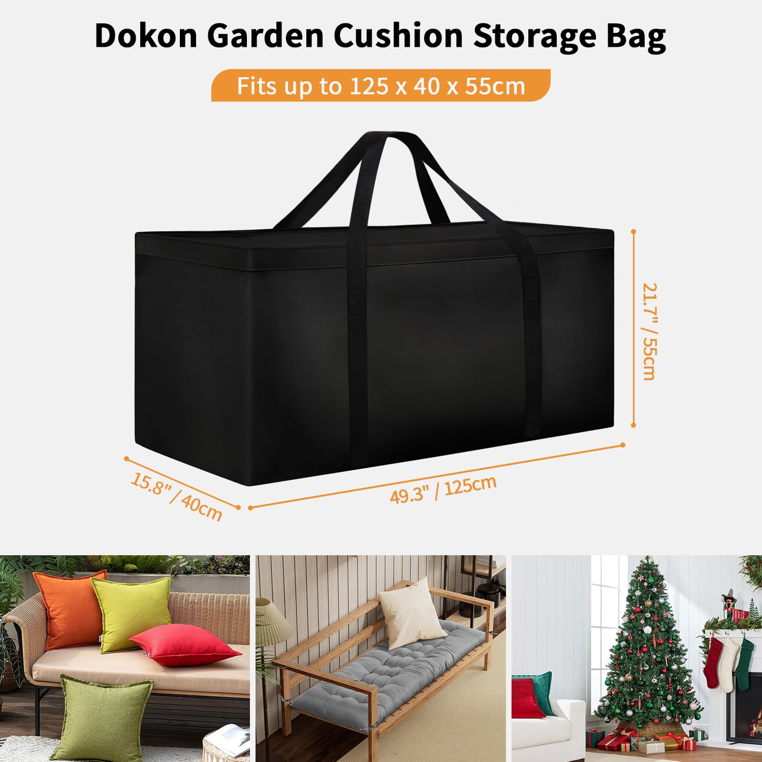 Borsa per Cuscini da Giardino Impermeabile Custodia per Albero di Natale Tessuto Oxford Anti-UV 125x40x55cm Nero