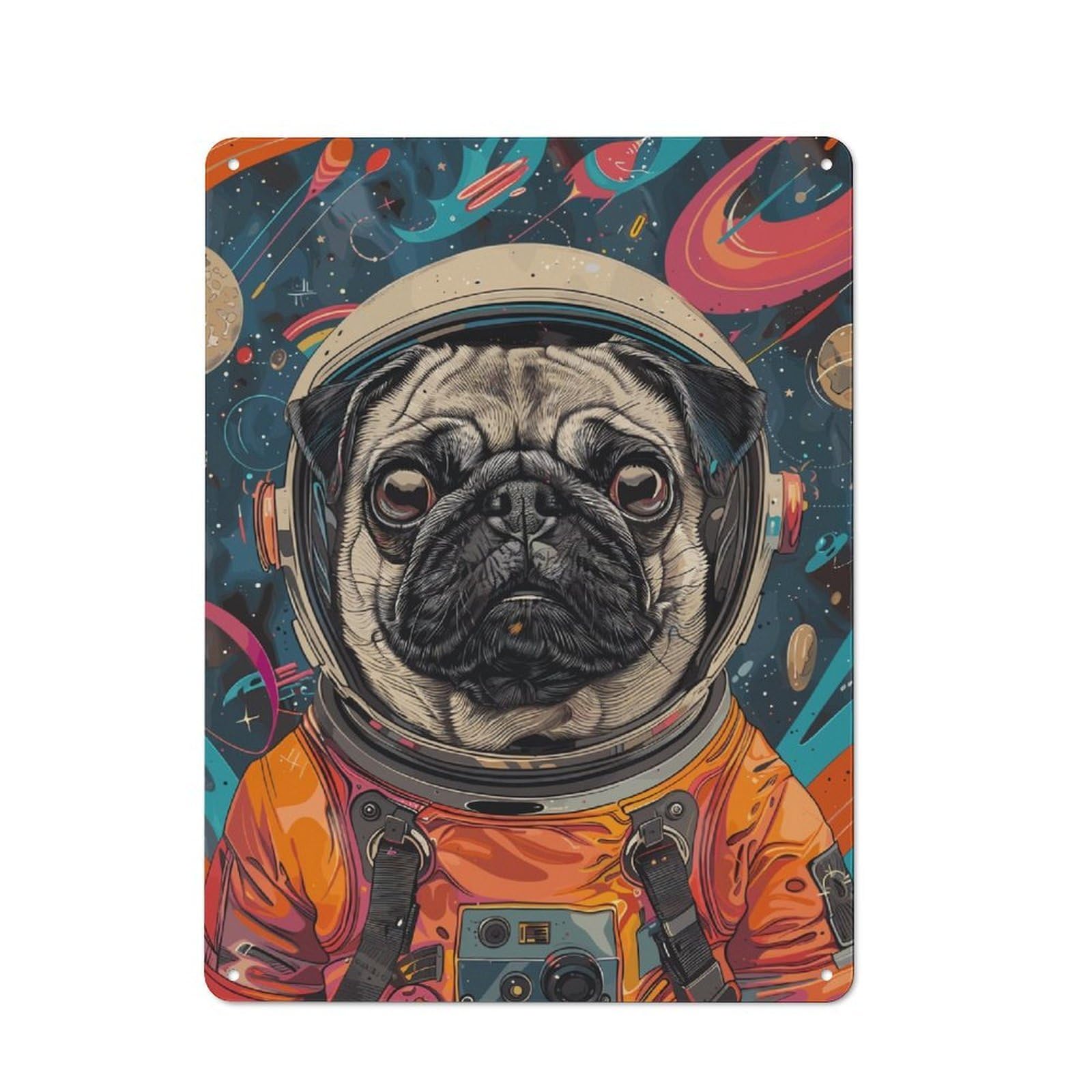 Retro Metal Sign with Animal Pug Astronaut Space Design 40x30cm, Weathered Look Shed Wall Plaque for Garage, Workshop, Shed Or Utility Room
