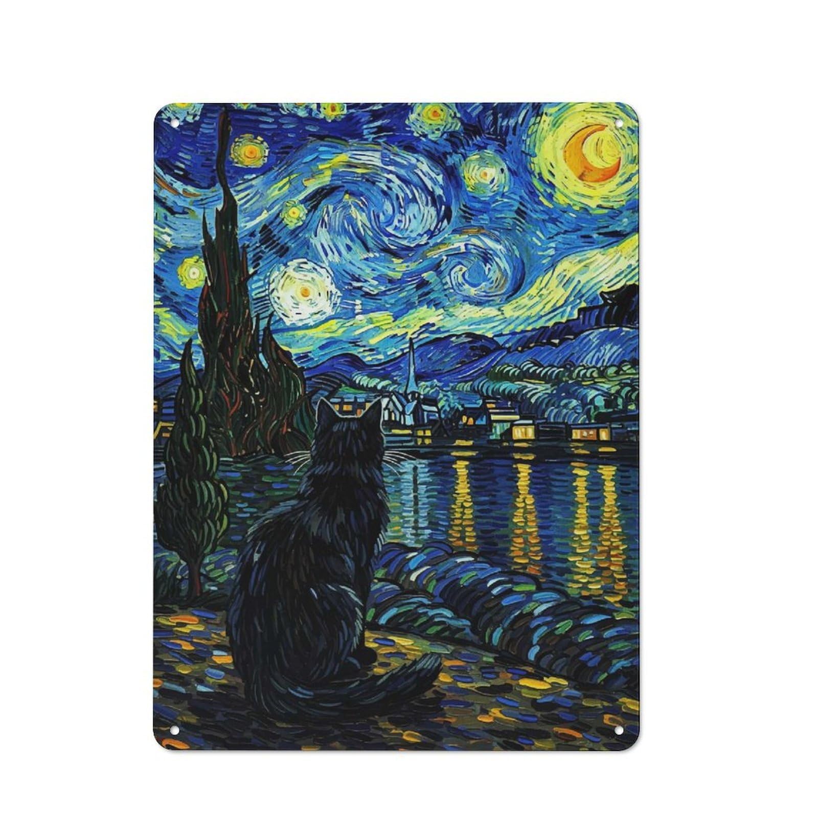 Junmoney Starry Night Cat Painting Retro Tin Wall Plaque 40X30cm For Home Office Or Studio, Wall Decoration For Home Offices And Studios