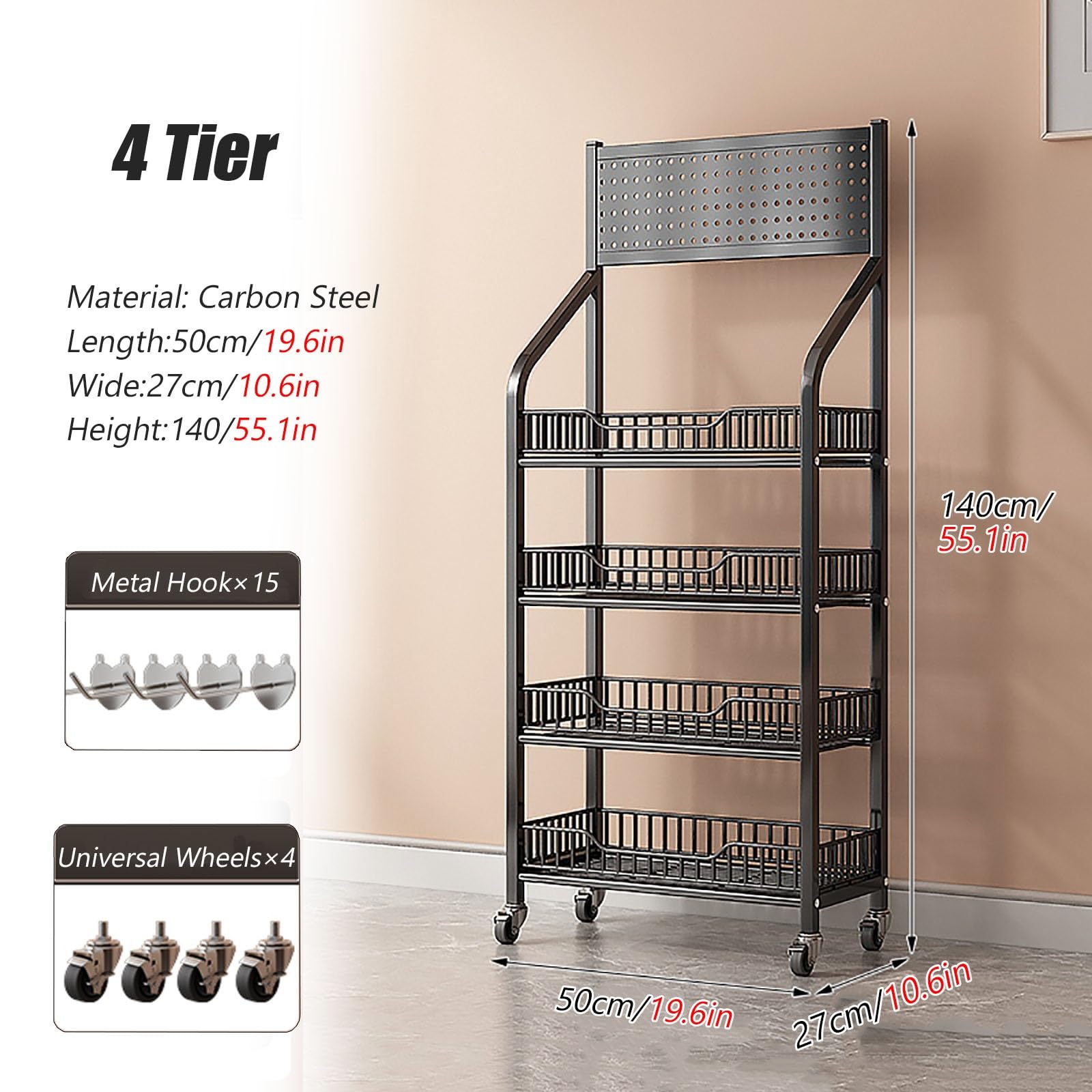półki, Czarny stojak na przekąski podłogę, duży do sprzedaży detalicznej, metalowy drut, słodycze, wózki przechowywania z kółkami(4 Tier 19.6x10.6x55.1in)