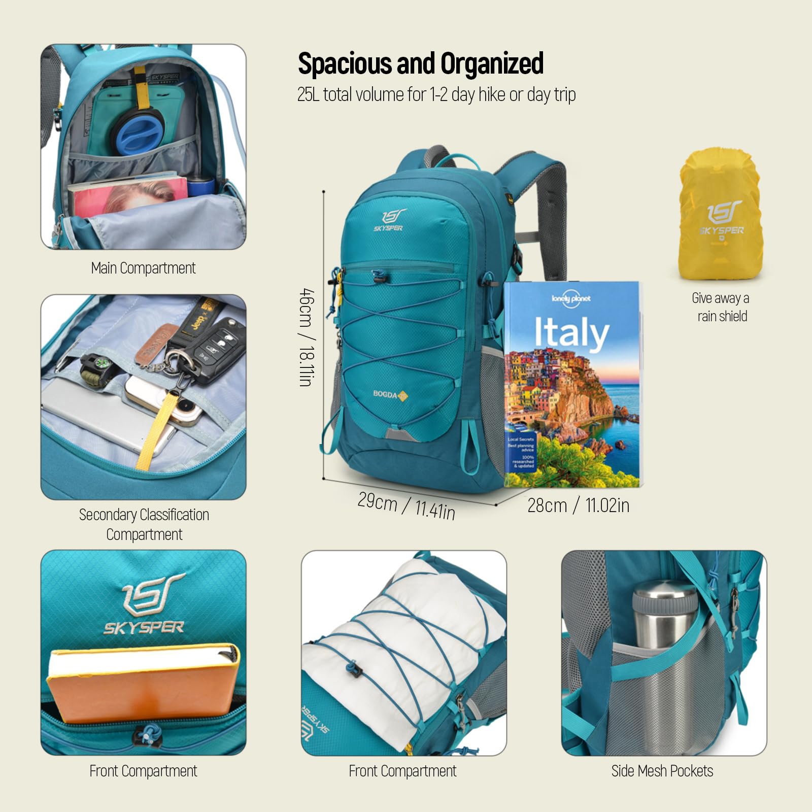 SKYSPER Zaino da Trekking 25L Zaino Escursione | Con Copertura Anti-Pioggia Zainetto per Montagna Trekking Viaggio