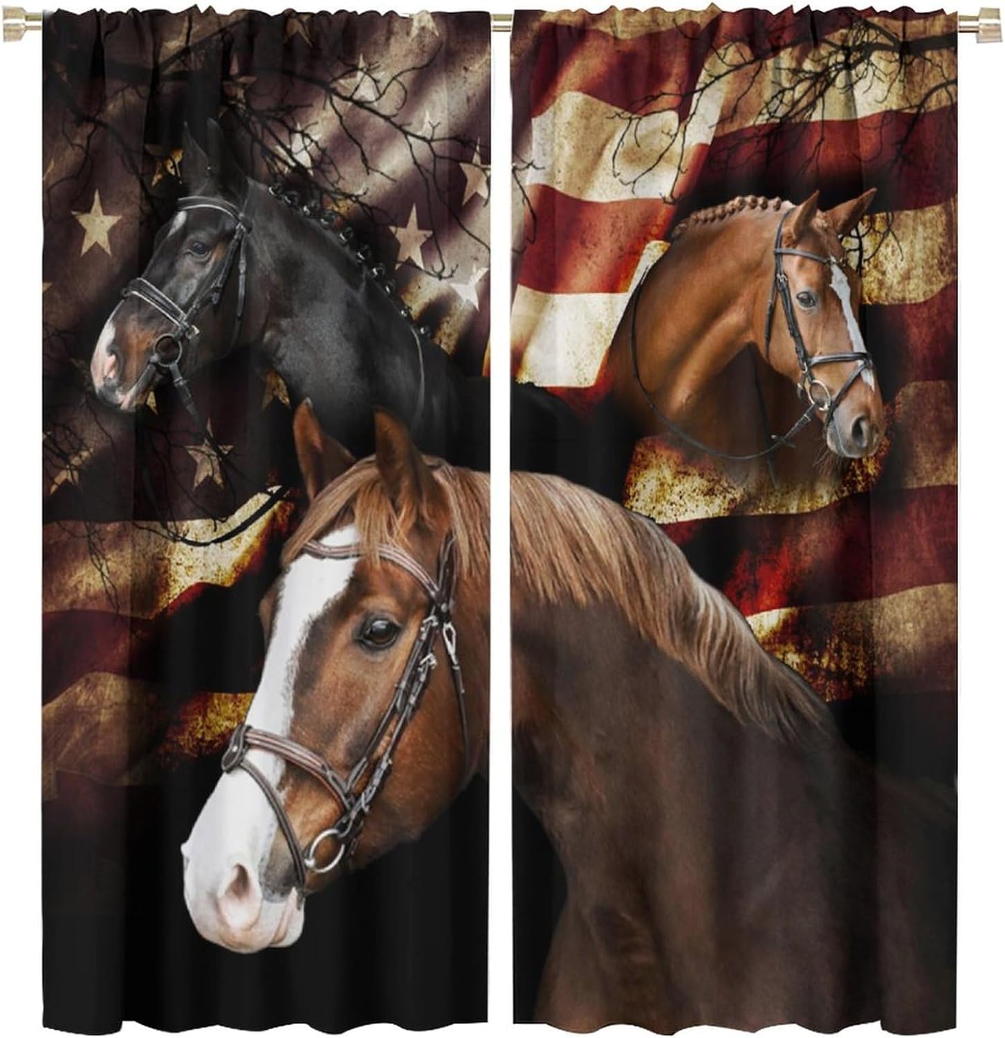 Brebasf Rustic Western Horses Curtains for Living Room Vintage Western Farmhouse Animal Horses American Flag Thermal Insulated Rod Pocket Blackout Curtains/Drapes 2 Panels 72" L x 31.5" W