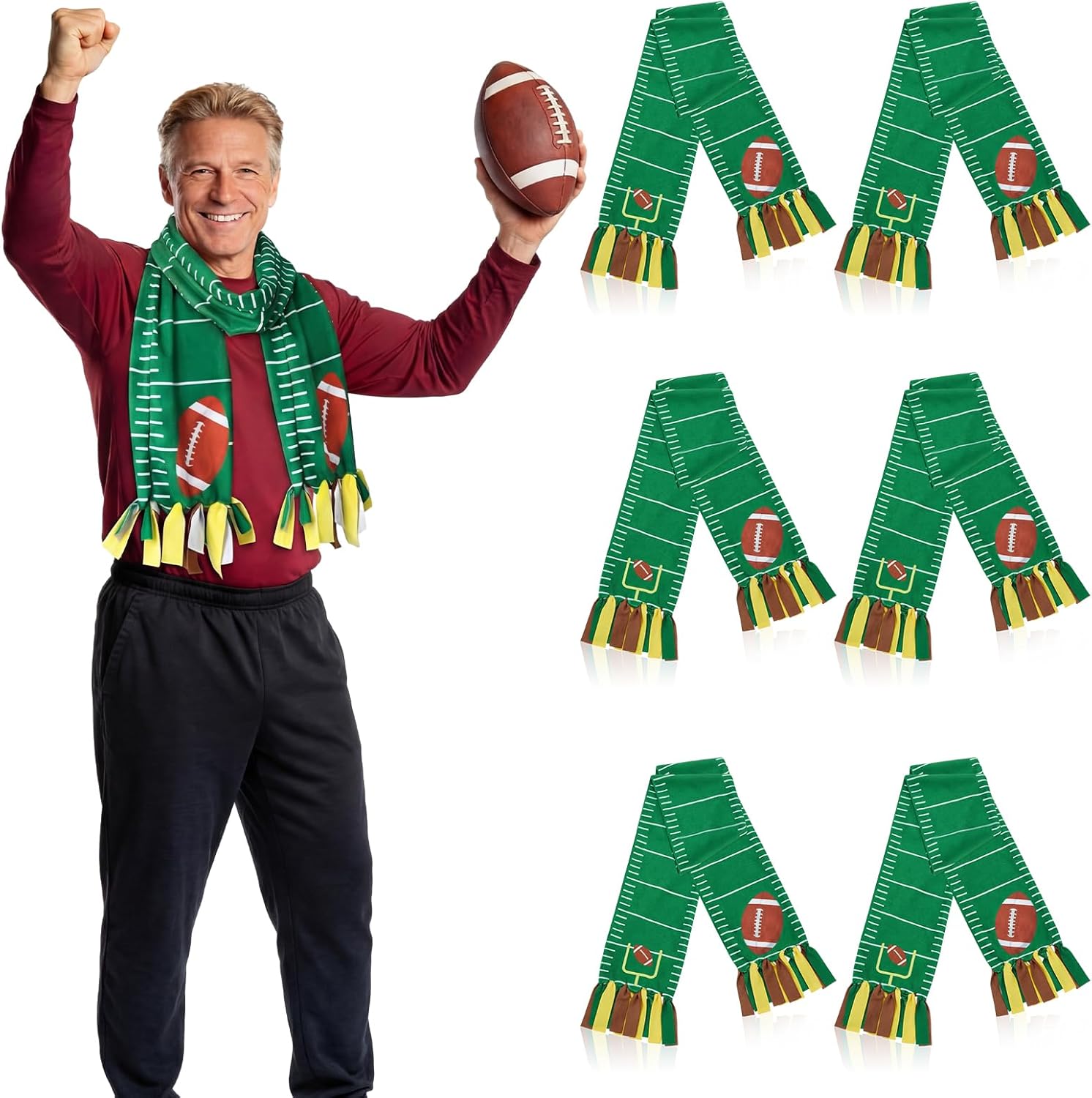 6 Packs Football Party Supplies Fleece Tied Scarf Craft Kit DIY Sport Team Spirit Football Theme Scarf Crafts Gifts with Tassel for School Sport Event Party Decoration Activities Favors
