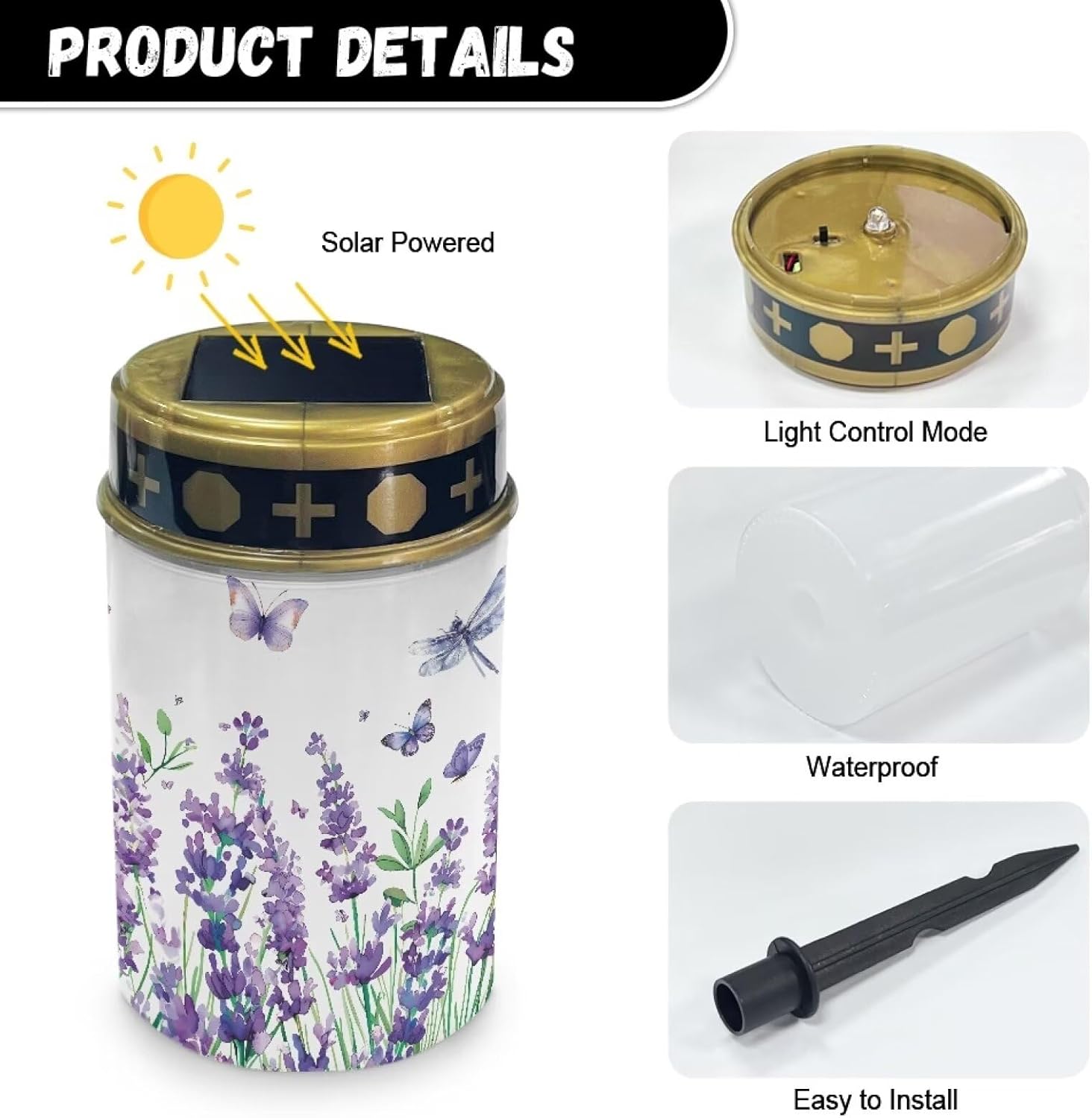 Poceacles Solar Lights Outdoor Cemetery Flameless LED Lights Grave Solar Lantern Outdoor Waterproof Decorative for Cemetery Grave Lawn Outdoor Decor, Hyacinth Flower Butterfly, Pack of 4