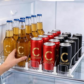 Canyave Self-Pushing Beverage Organizer for Fridge Adjustable Spring Loaded Drink Dispenser & Soda Can Organizer Clear Glide Rack Fits Cans, Bottles, Slim & Standard Sizes for Kitchen Pantry