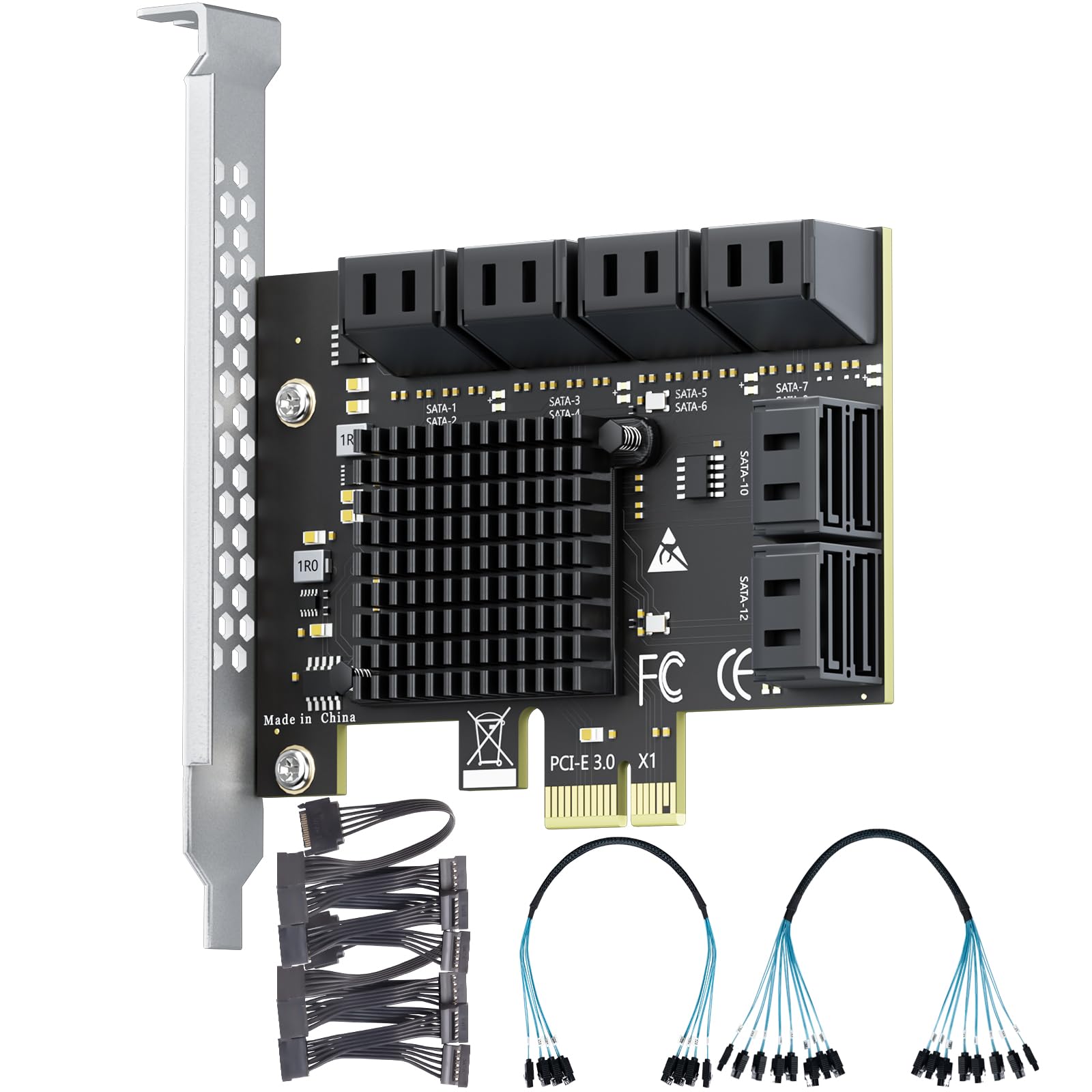 12-Port PCIe X1 SATA Expansion Card with SATA and Power Cables, Compatible with Windows, Linux, Mac OS, NAS