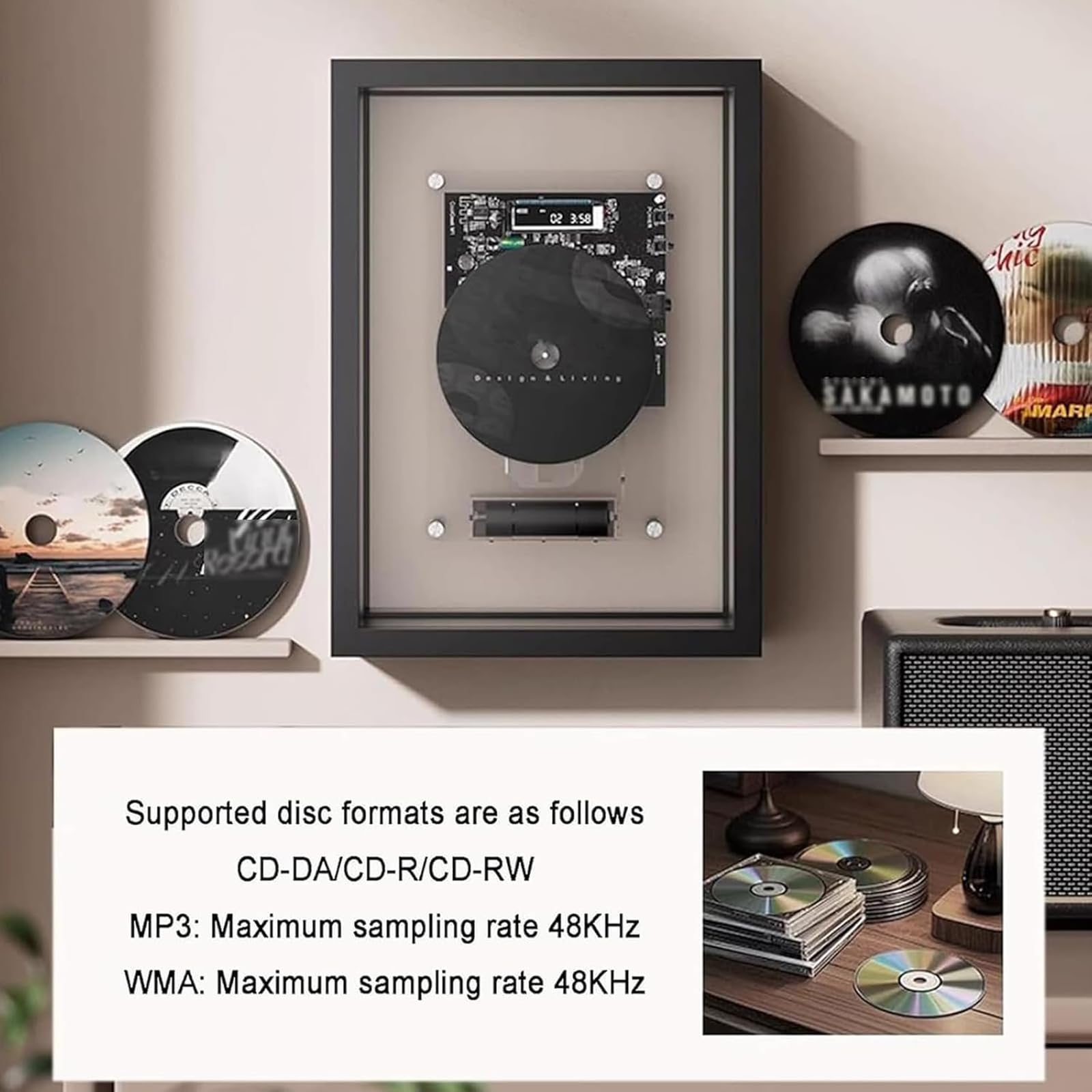 Lettore CD con telecomando, design montabile a parete, Bluetooth 5.0 e uscita AUX da 3,5 mm, display a LED, senza altoparlante integrato per la decorazione di casa e ufficio