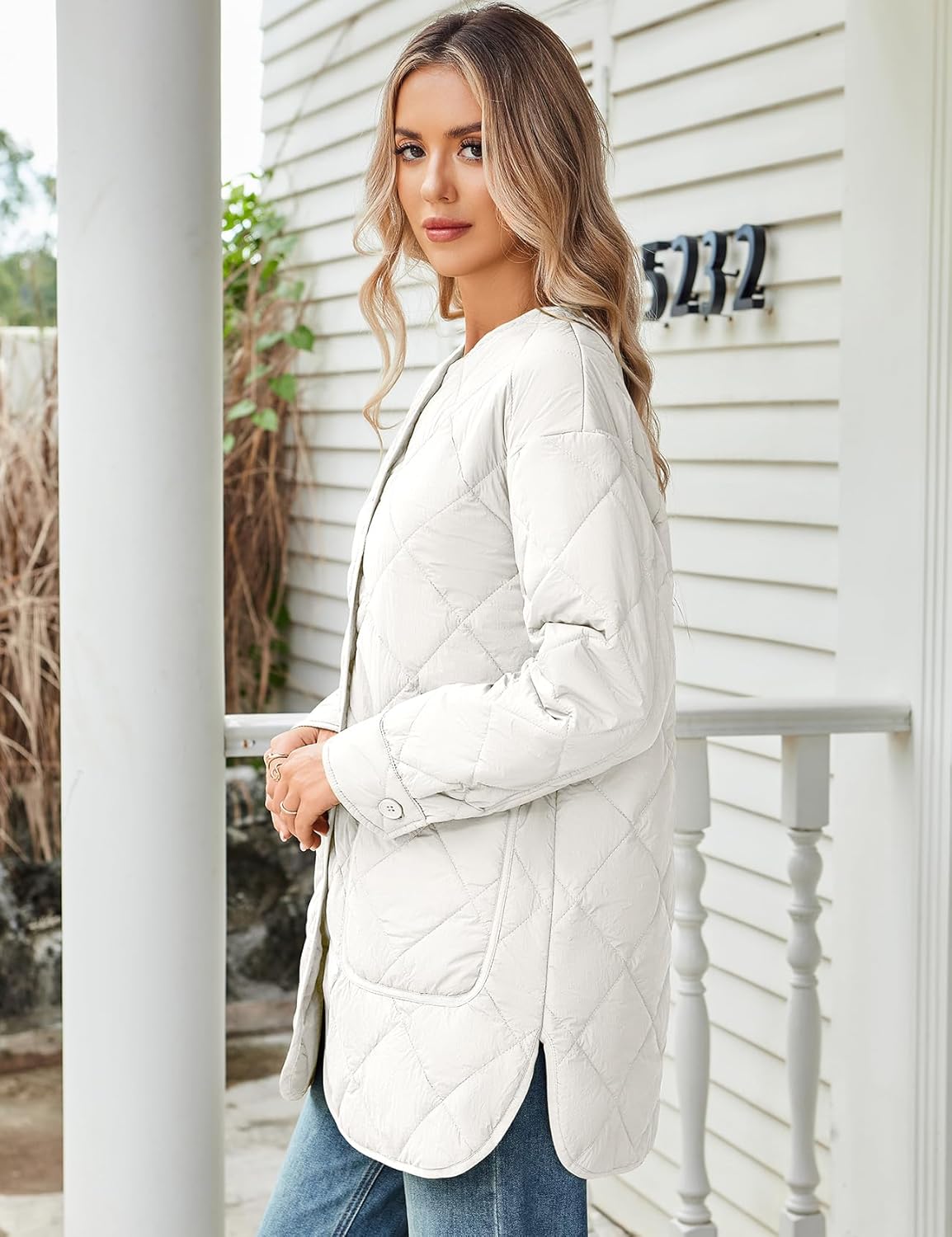 PEHMEA Women's Lightweight Quilted Puffer Jacket, Casual Long Sleeve Button Down Padded Coat with Pockets - Image 4