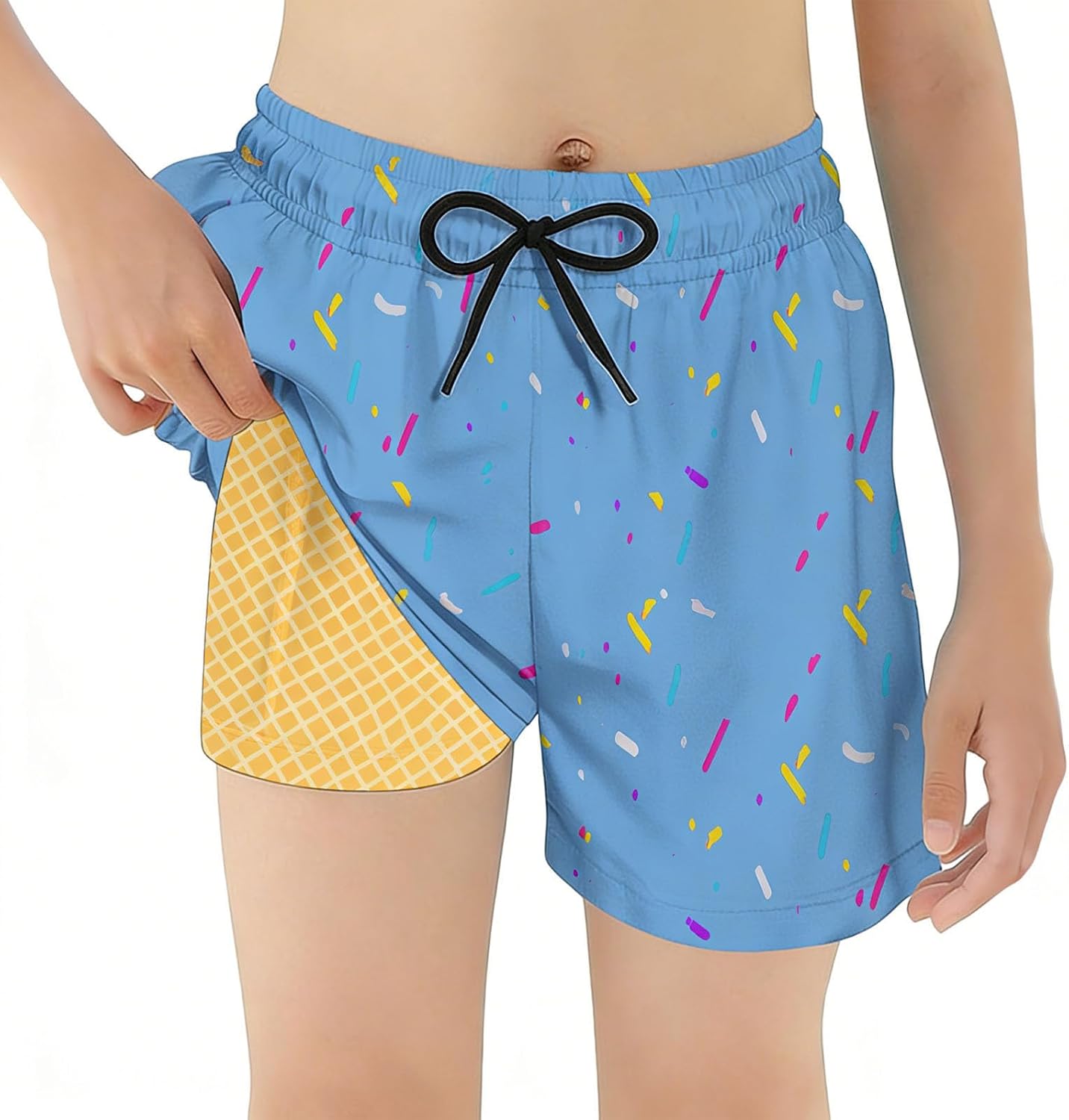 Boys Swim Trunks with Compression Liner Casual Ice Cream Print Bathing Suit for Kids Summer Swim Shorts 2-14 Years