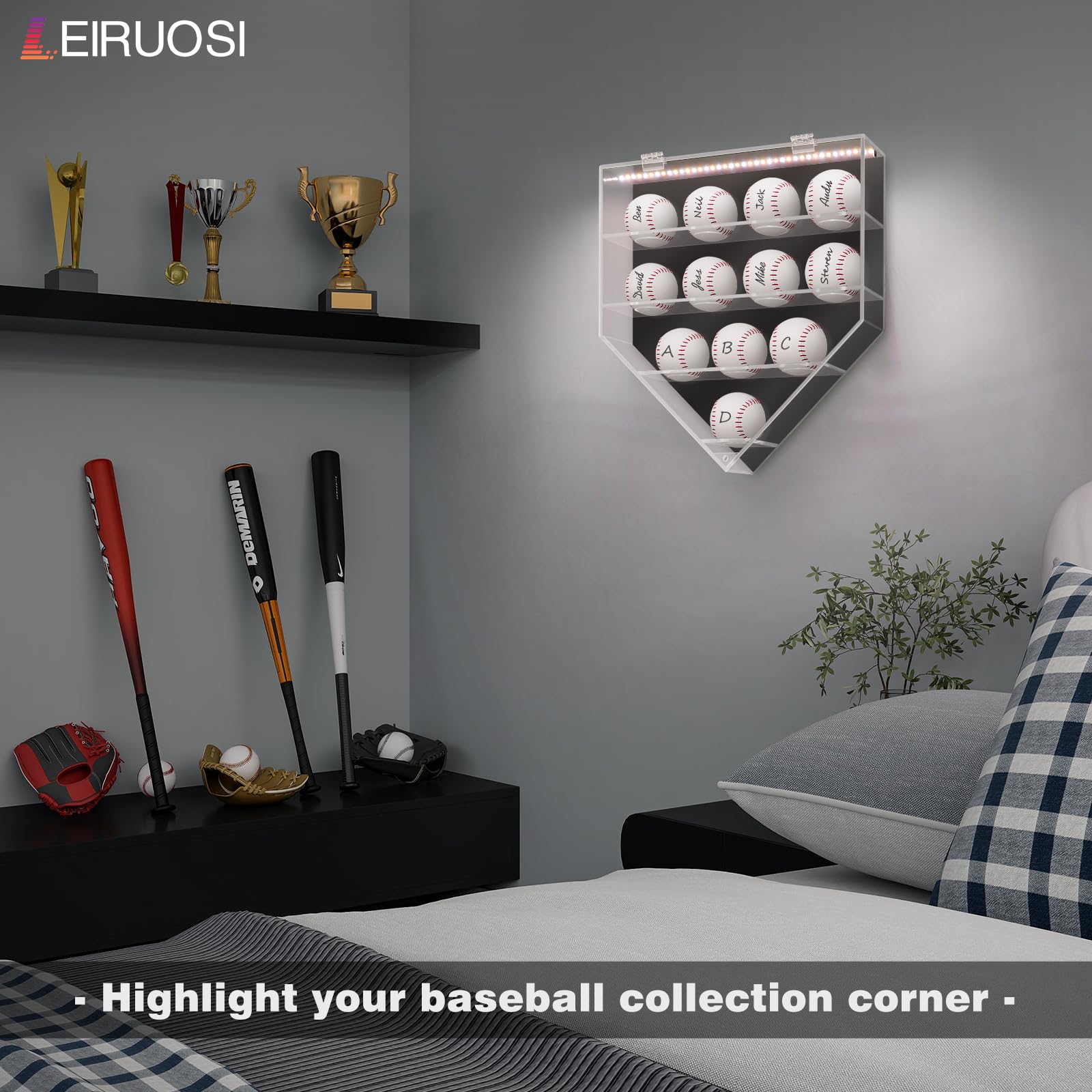 Vitrina acrílica para béisbol, caja de sombra montada en la pared para béisbol, pickleball, tenis, soporte extraíble, caja de exhibición de autógrafos de recuerdos para 12 bolas (negro)