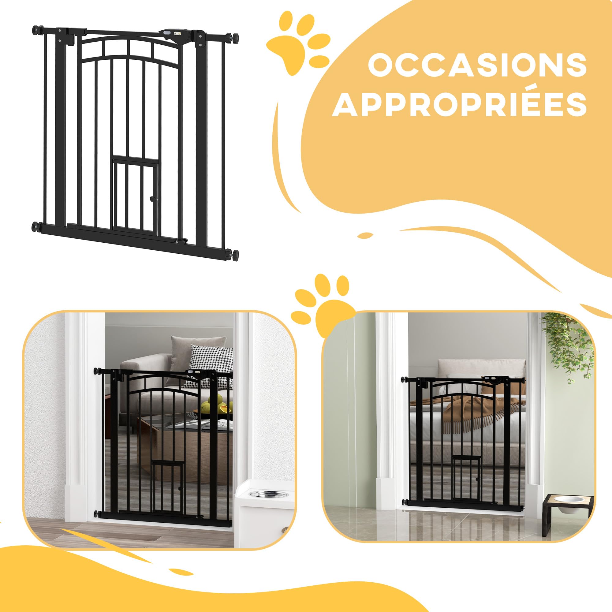 PawHut - Barrera de Seguridad para Perros (fijación por presión sin Taladro, Puerta de Cierre automático, Sistema de Doble Bloqueo, 74 a 80 cm, Acero, Negro | Barrera de Escalera, Sin Taladro, Puerta Automática, Sistema de Doble Bloqueo, Acero