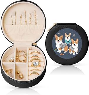 Travel Jewelry Box for Women Birthday Gifts, Wearing Clothes Corgi Dogs Jewelry Case PU Leather Jewelry Organizer Small Round Display Storage Box for Rings Earrings Necklaces