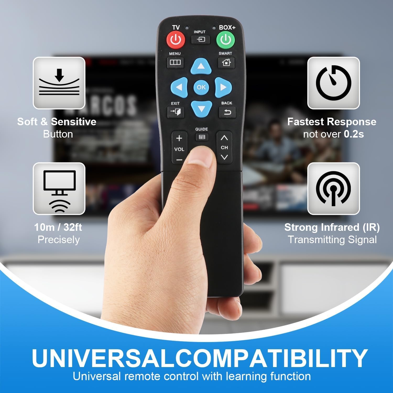 XGBFH Télécommande universelle à gros boutons pour personnes âgées, 2 appareils de contrôle – Fonctions d'apprentissage, utilisation pour TV, boîte de streaming, récepteur audio, lecteur DVD/VCR/SAT