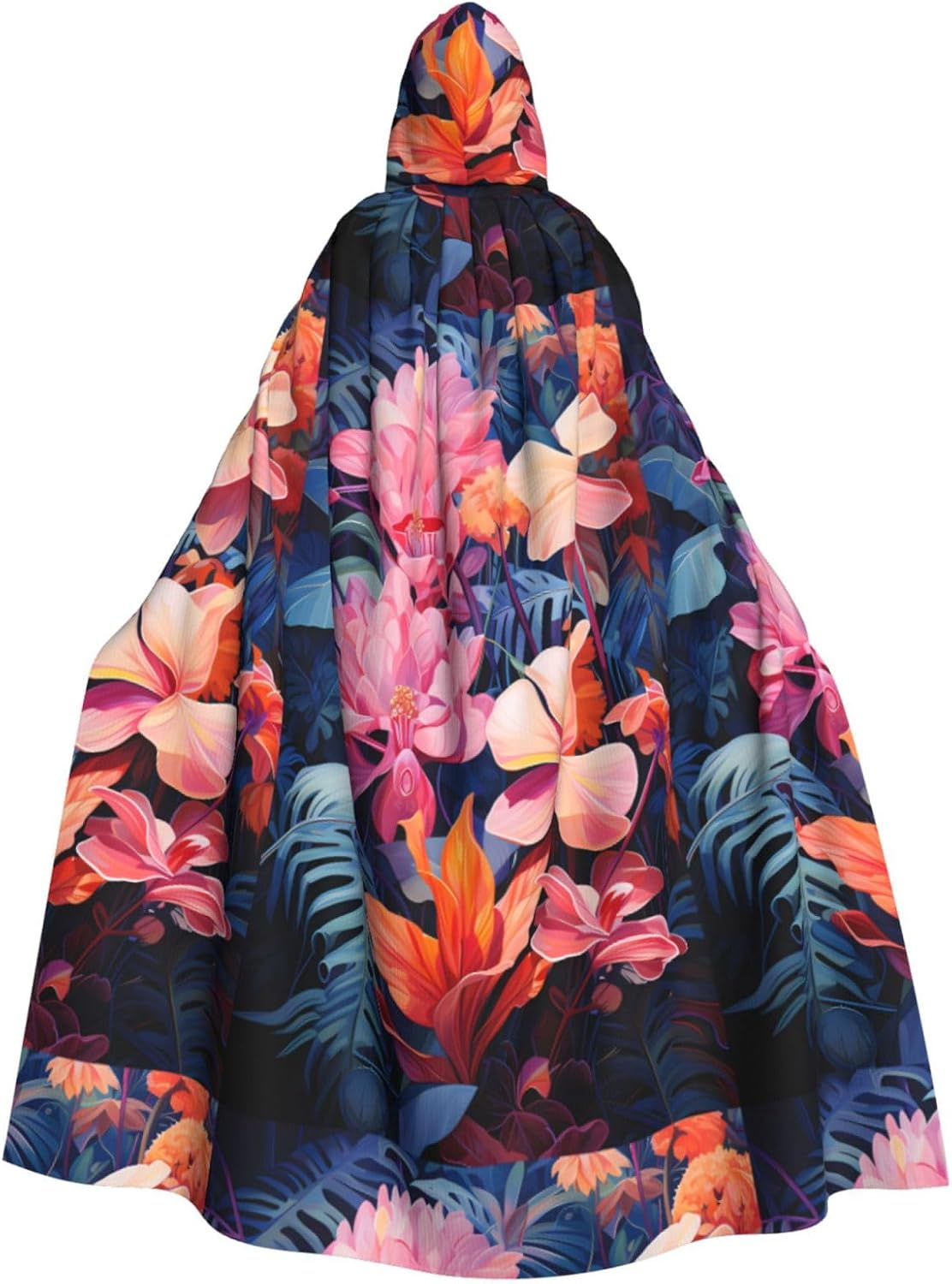Unisex Full Length Hooded Halloween Christmas Party Robe Cloak Cape Cosplay Costume Men Women Colorful Tropical Plant Leaves Prints Black