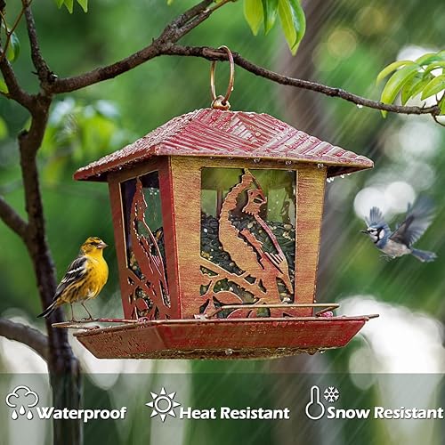 Miniatura 5 de Birdream Comedero para pájaros para exteriores de metal con capacidad de 3 libras, patrón cardenal, vintage, rojo dorado, resistente a la