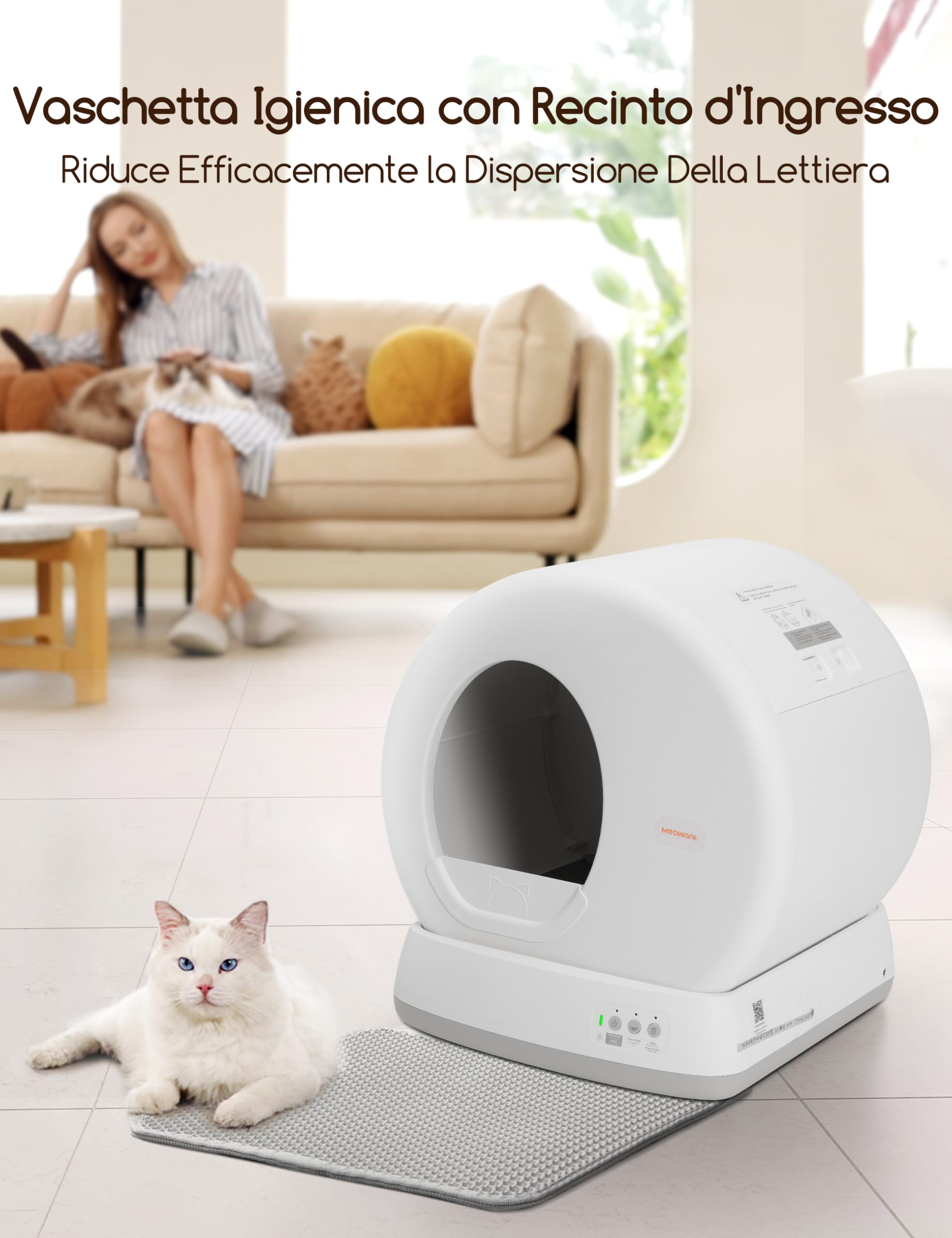 MeoWant Lettiera Gatto Autopulente, Toilette Automatica per Gatti, Anti-pizzicamento, Vaschetta Lettiera Chiusa per Gatti Grandi e Multipli, Controllo APP, Lettiera Robot, Degli Odori, con Tappetino