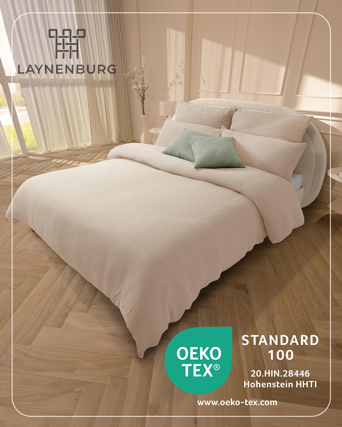 LAYNENBURG Parure de lit en mousseline 135 x 200 cm + 40 x 80 cm - Certifié Öko-Tex - 100 % coton - Respirant et infroissable - Mousseline 2 couches avec fermeture éclair et sangles de maintien (beige