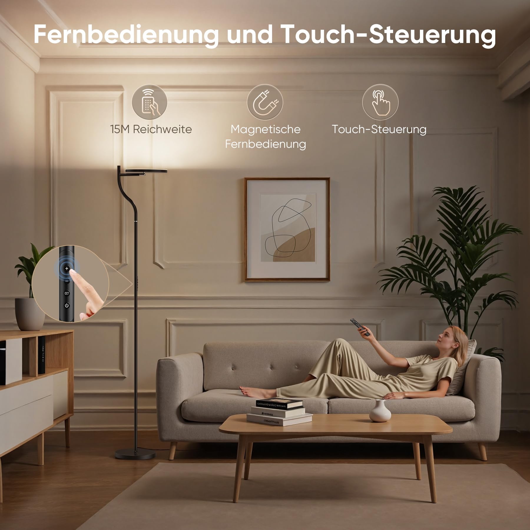 Bonsery Stehlampe Wohnzimmer Stufenlos Dimmbar, 36W Deckenfluter mit 2700K-6500K, Floor Lamp mit Fernbedienung & Touch Steuerung, 350°Drehbare Stehleuchte Modern mit Timer für Schlafzimmer Büro Lesen