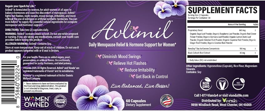 Avlimil Hormone Balance & Menopause Support | Mood Swings, Hot Flashes, Night Sweats and Irritability - Isoflavones, Black Cohosh, Raspberry, Valerian, Sage, Red Clover, Lemon Balm - 1-Month