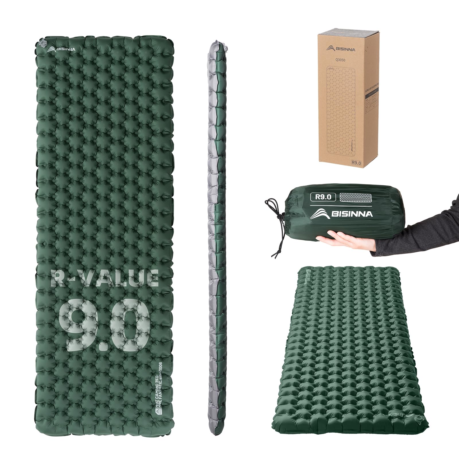 BISINNA Colchoneta de dormir ultraligera con aislamiento 9R, colchoneta inflable para acampar y mochileros, 900 g