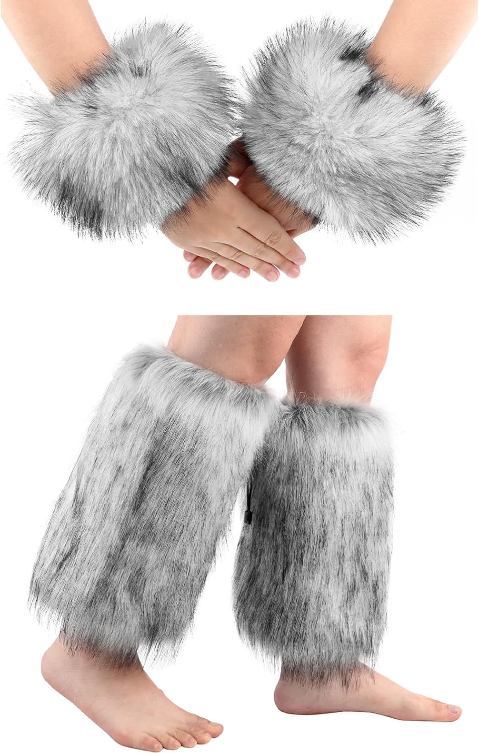 Faux Fur Furry Leg Warmers Covers and Short Wrist Cuff 2 Pairs Set for Party Cosplay Costumes Accessories