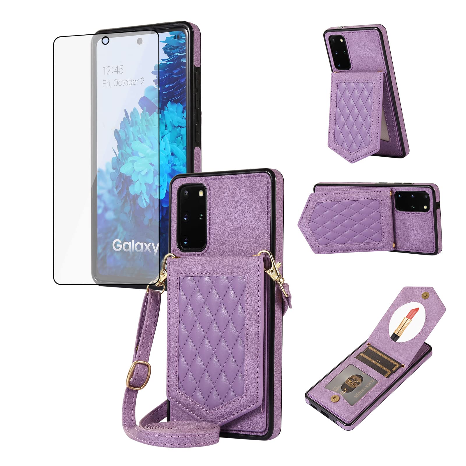 Phone Case for Samsung Galaxy S20 Plus S20+ 5G Wallet Cover with Tempered  Glass Screen Protector Mirror Credit Card Holder Crossbody Strap Cell S20+5G