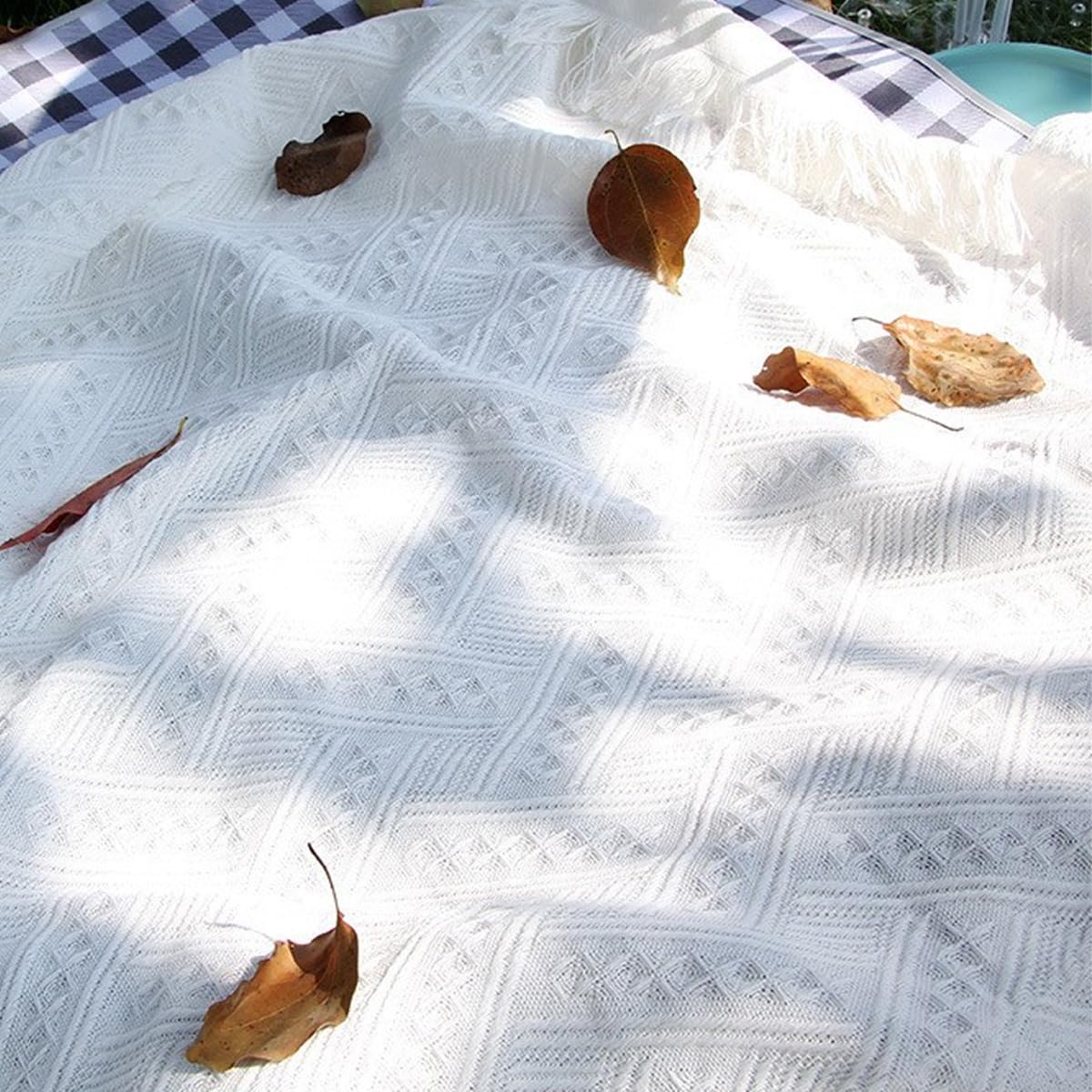 Coperta da picnic Boho, coperta da spiaggia impermeabile e lavabile, tappetino da spiaggia, coperta da campeggio per esterni/picnic/giardino/campeggio, bianco 90x180 cm (White)