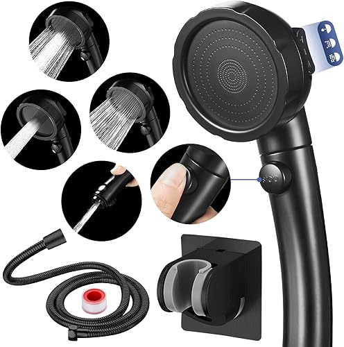HANLIAN Cabezal de ducha de alta presión con botón de pausa, cabezal de ducha de 3 modos de pulverización para autocaravana, ahorro de agua en la