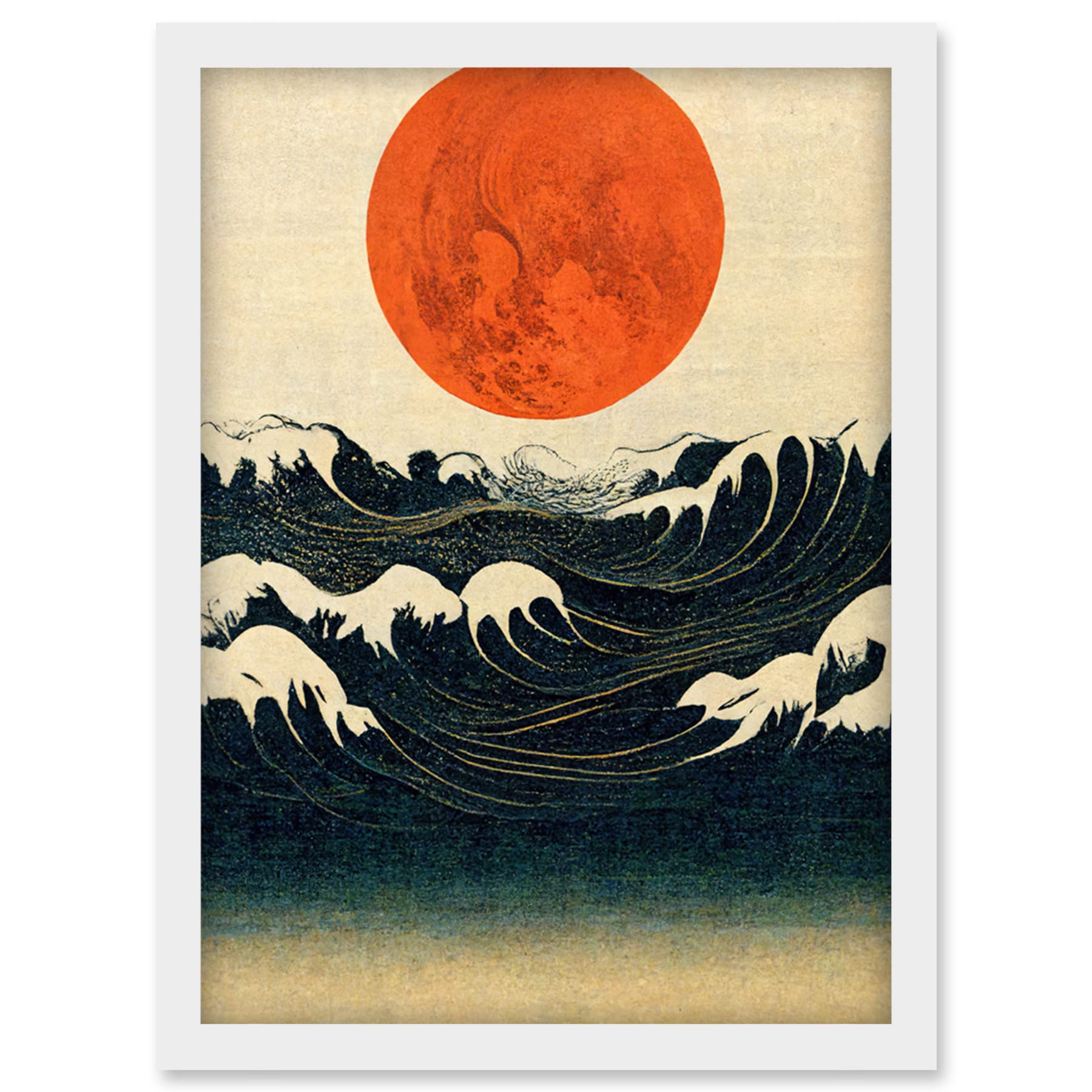 Artery8 - Framed Print - Minimalist Orange Moon Over Ocean Waves - Ukiyo-e Style Artwork - A4