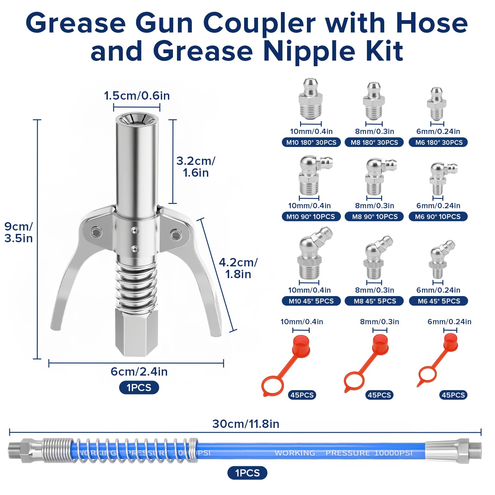 Seconero 272 Pièces Assortiment de Graisseur M6 M8 M10 avec Couvercle, Droit Graisse Raccord 45° 90° 180°, Raccord de Pistolet à Graisse Coupleur avec Tuyau de 30cm, Mamelon de Graisse Hydraulique - 2