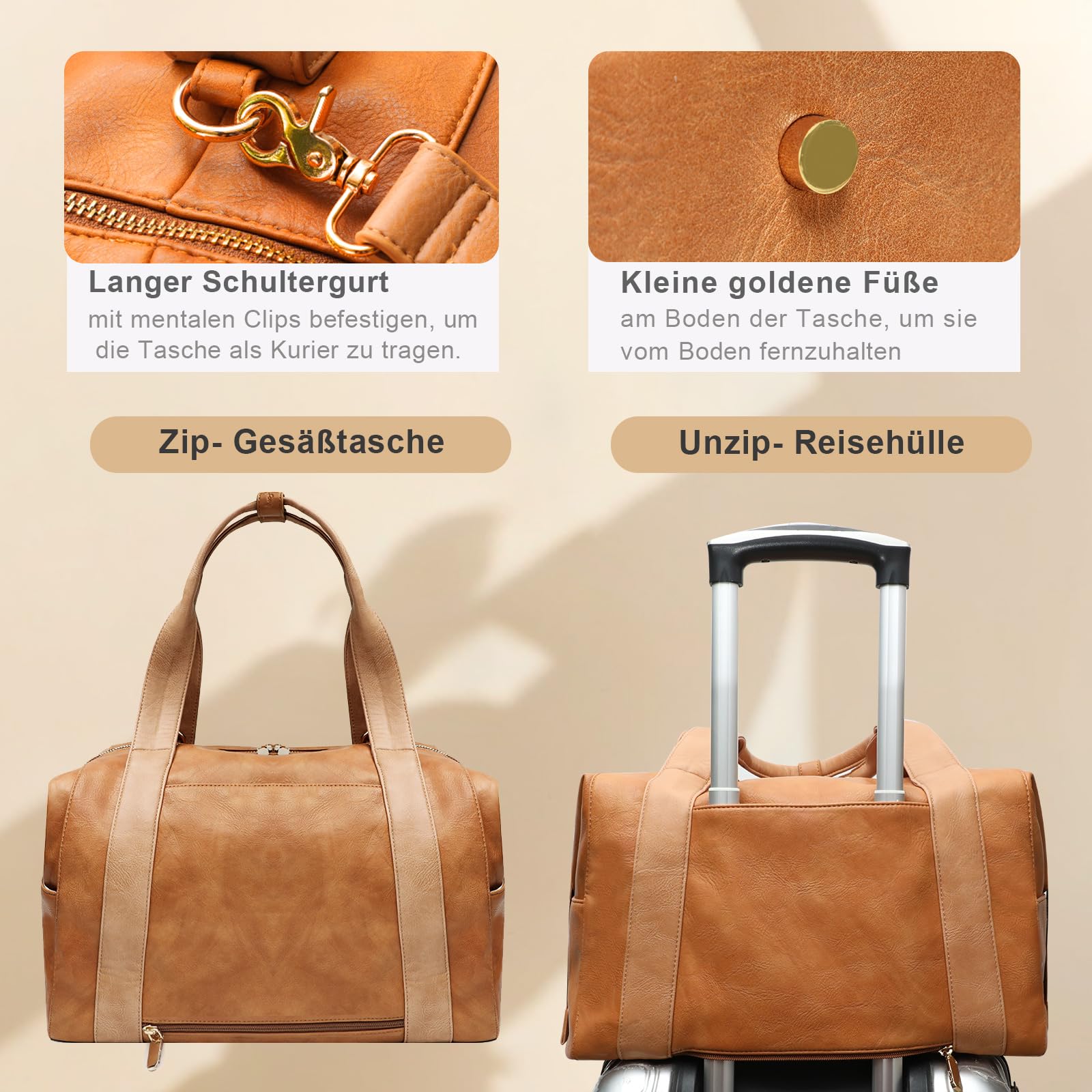 MISS FONG Reisetasche Travelite Sporttasche Reisetasche Damen Herren Weekender Große Wickeltasche PU-Leder Wickelrucksack Babytasche Kliniktasche 29L Handgepäcktasche für Reisen Fitness Business-Braun