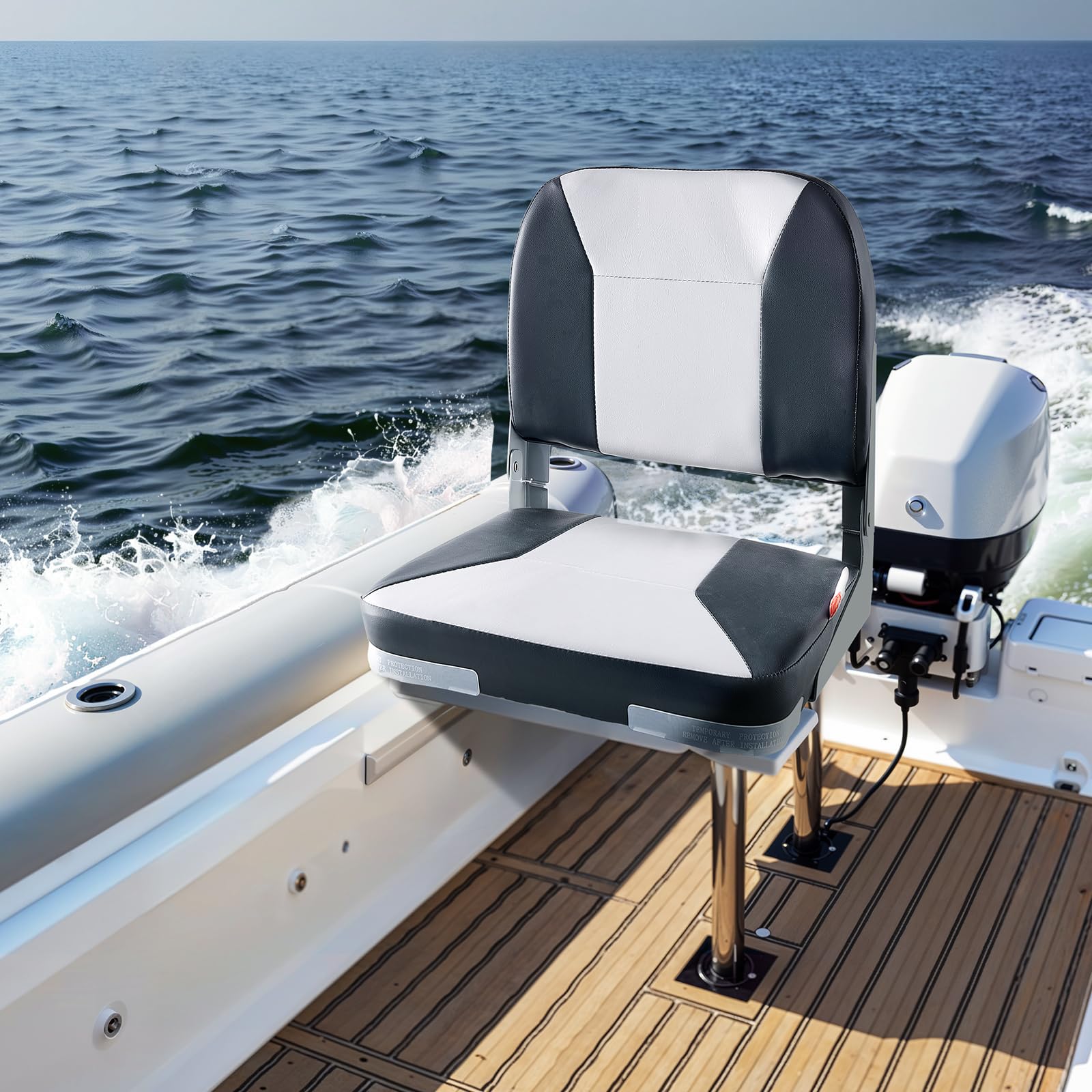 VEVOR Asiento de Barco con Respaldo Bajo Silla de Barco de Pesca Plegable con Cojín de Esponja Espesado y Cuero de PVC Impermeable Asiento de Bote Abatible para Barcos de Pesca, Yates, Negro y Gris