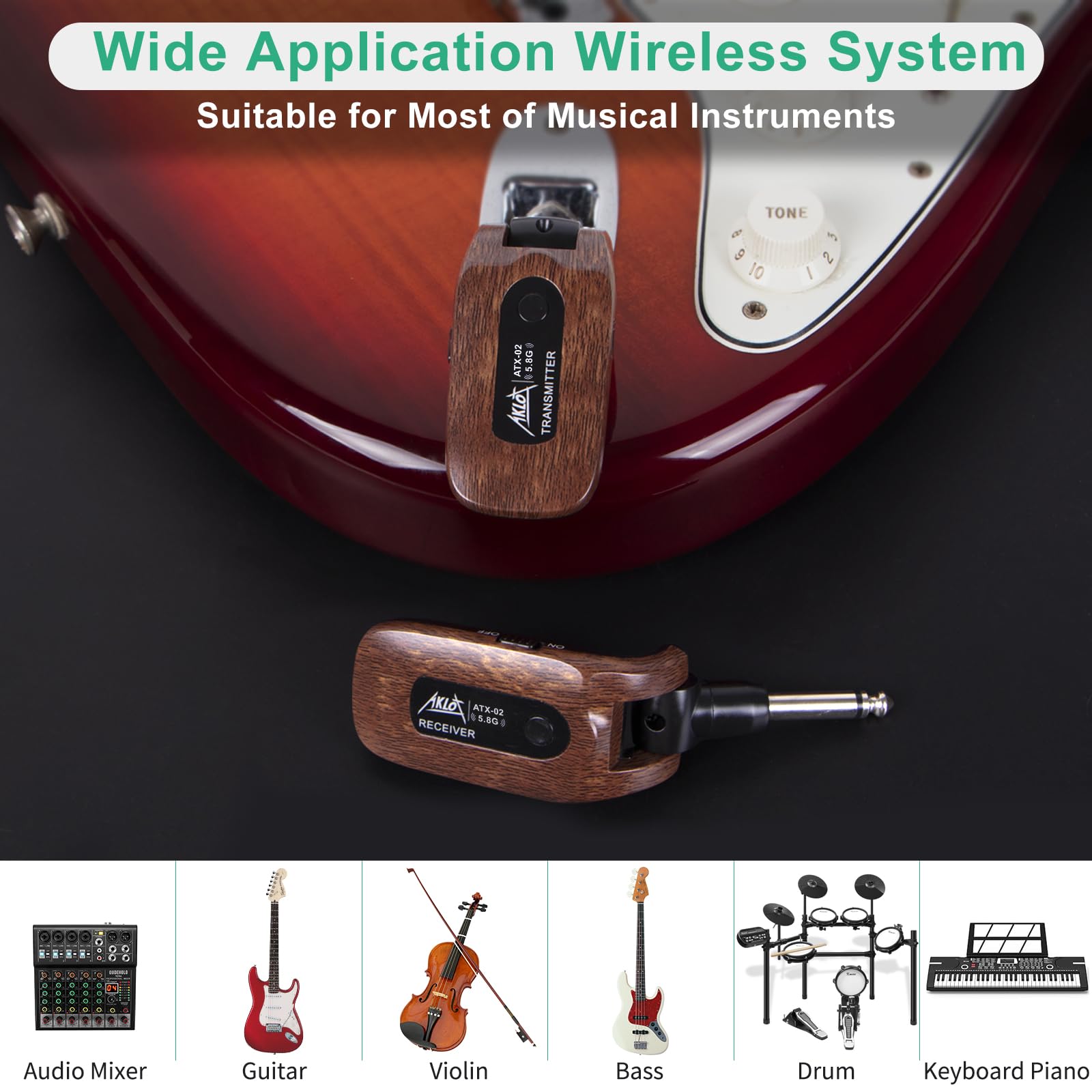 Transmisor y Receptor Inalámbrico de Guitarra,AKLOT 5.8 GHz Sistema Inalámbrico de Guitarra Eléctrica Piezas Batería de Litio Recargable Incorporada Digital para Guitarra Eléctrica Bajo